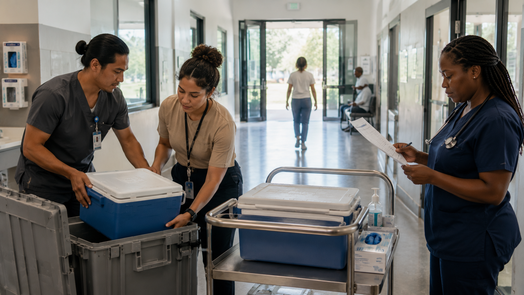 Community health workers unpack insulated vaccine cooler boxes onto a steel cart in a rural clinic corridor as a nurse checks a paper tally sheet.