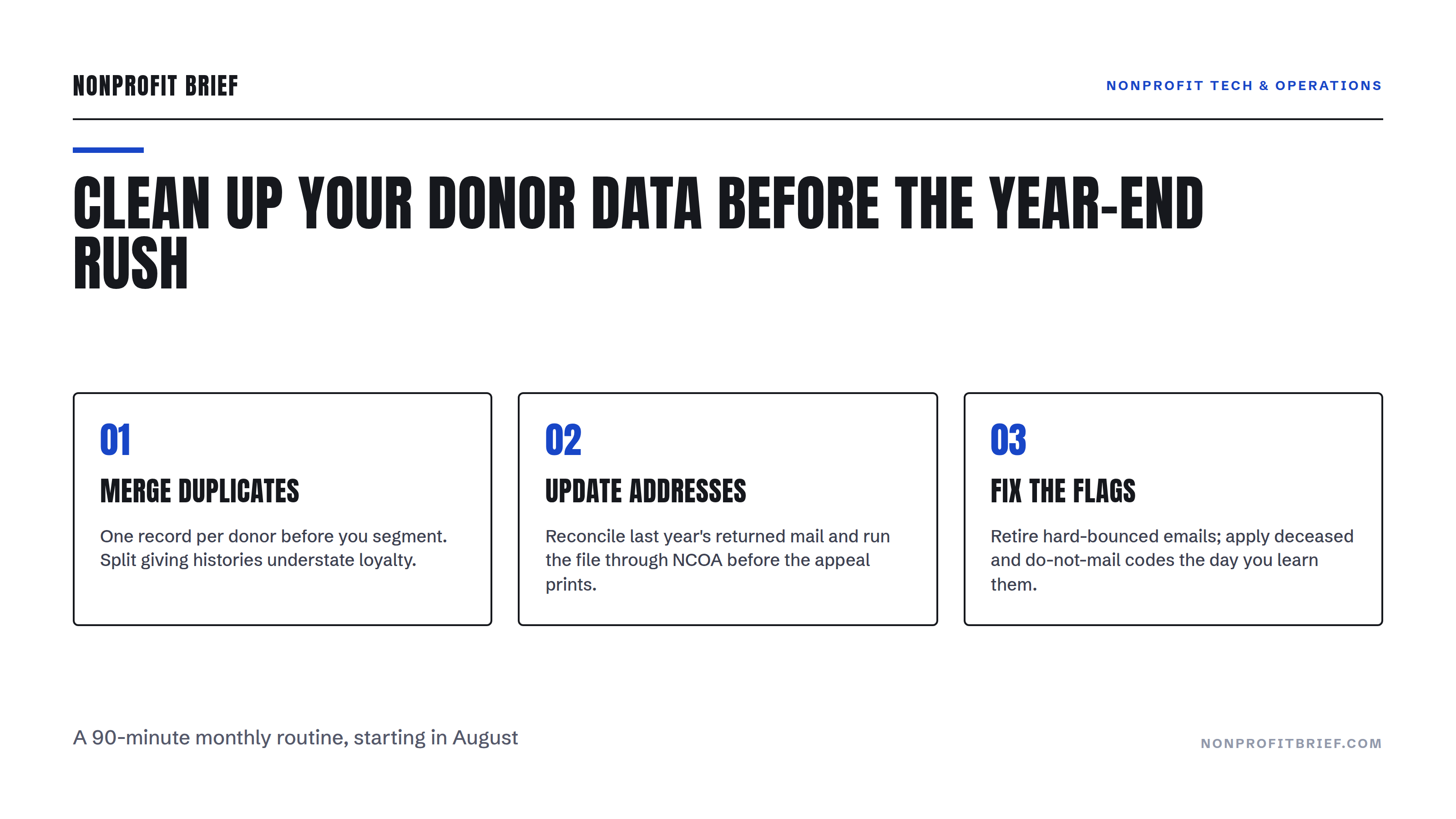 Three-step checklist hero: 01 Merge Duplicates, 02 Update Addresses, 03 Fix the Flags. Headline: Clean Up Your Donor Data Before the Year-End Rush.