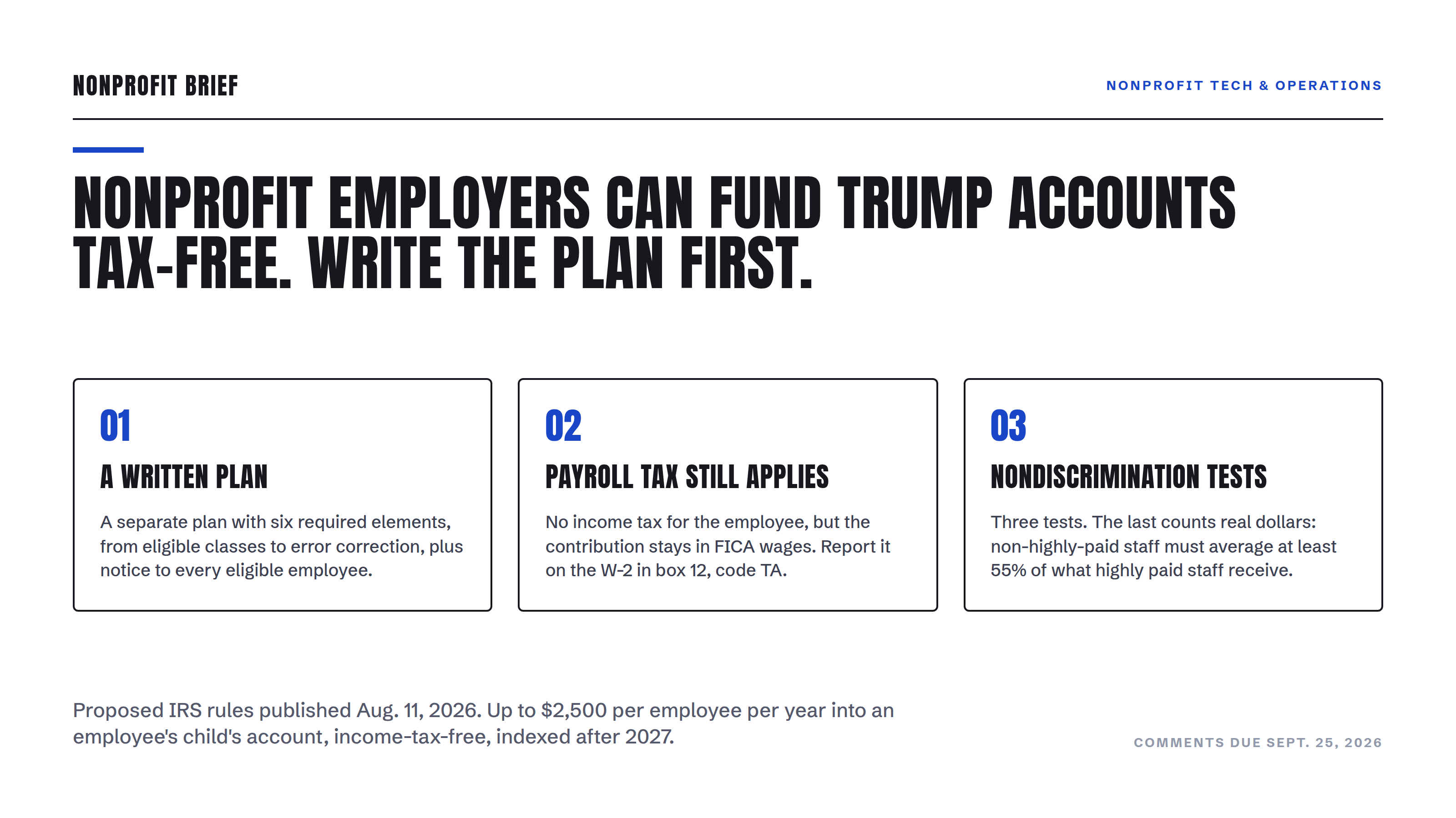 Three-card explainer: nonprofit employers can fund Trump accounts income-tax-free up to $2,500 per employee per year under proposed IRS rules, subject to a written plan, FICA on the contribution, and nondiscrimination tests