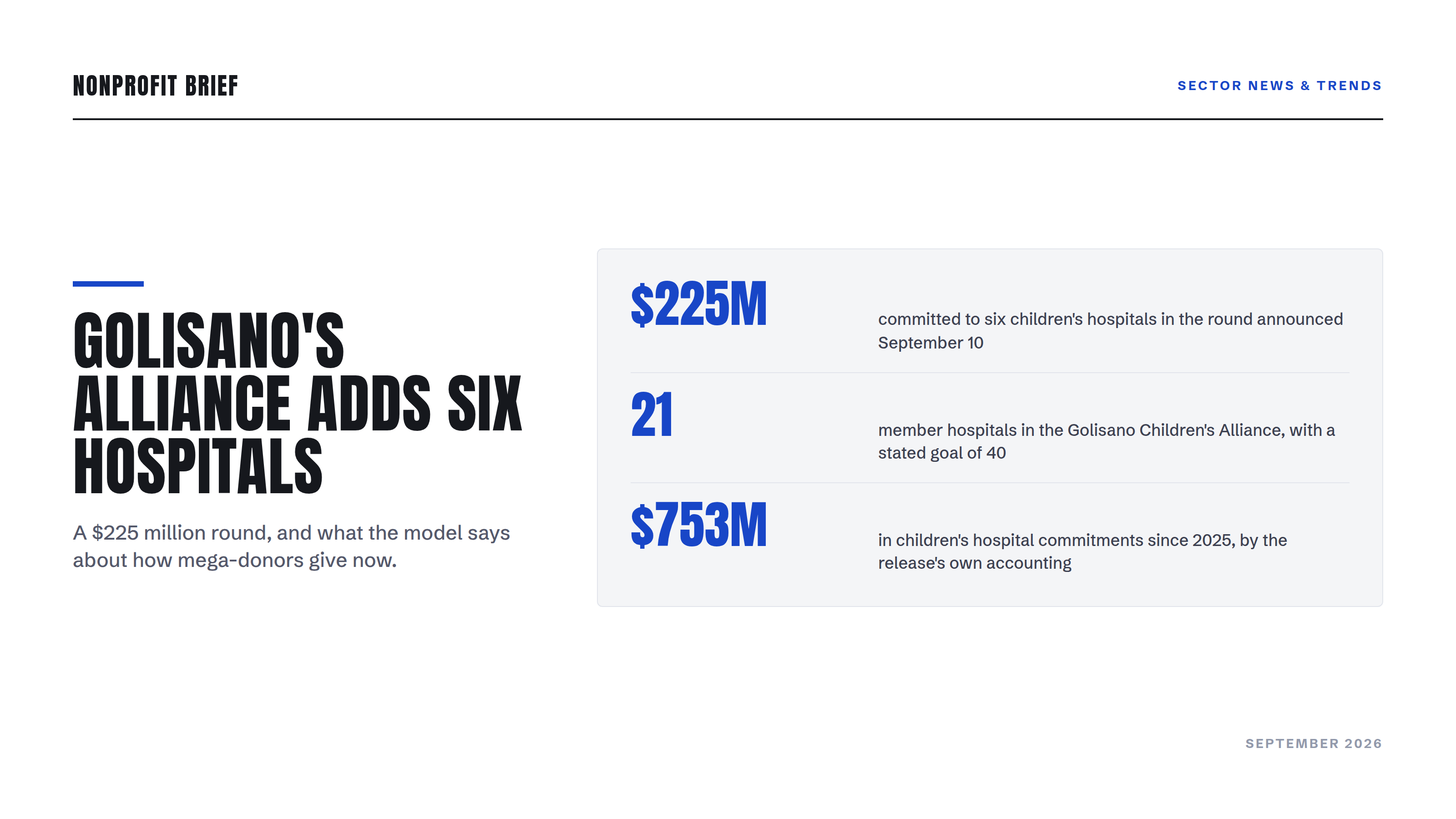 Stat panel: Golisano's $225 million round for six children's hospitals, 21 alliance members with a goal of 40, and $753 million committed since 2025