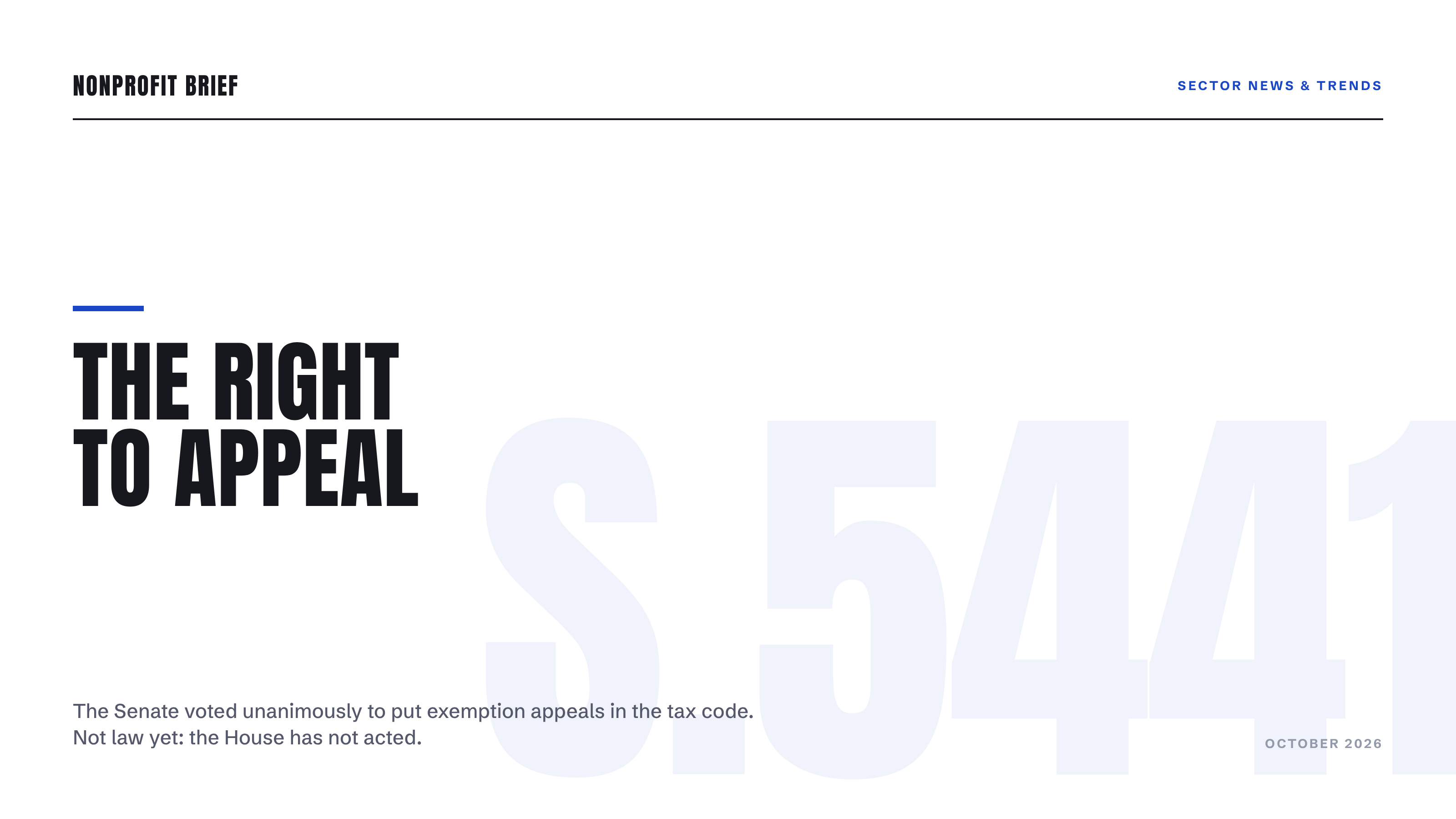Typographic hero reading The Right to Appeal with bill number S.5441 motif, noting the Senate voted unanimously and the House has not acted