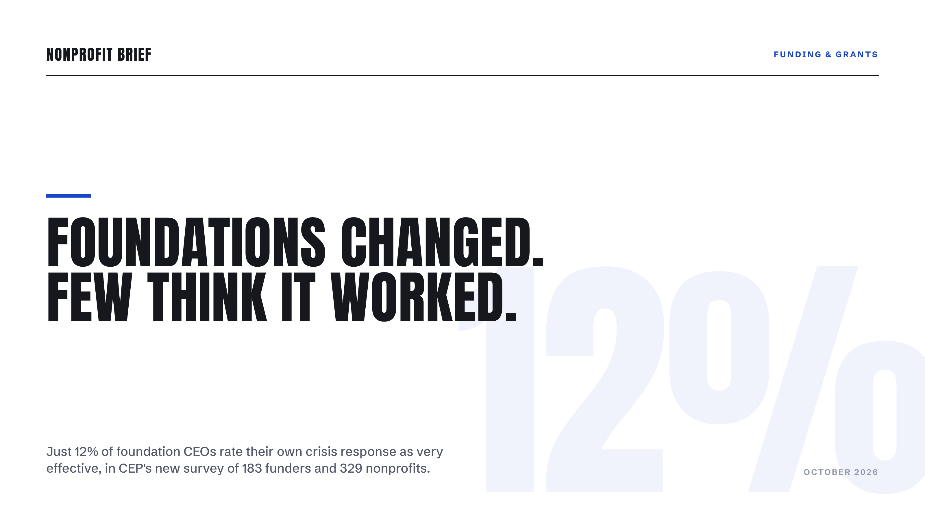 Typographic hero: Foundations Changed. Few Think It Worked. Just 12% of foundation CEOs rate their own crisis response as very effective, per CEP's survey of 183 funders and 329 nonprofits.