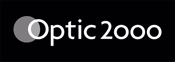 Optic 2000 logo with overlapping gray circles on black background.