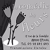 Logo for La Comédie des Fleurs with stylized tulips and contact info on a textured background.
