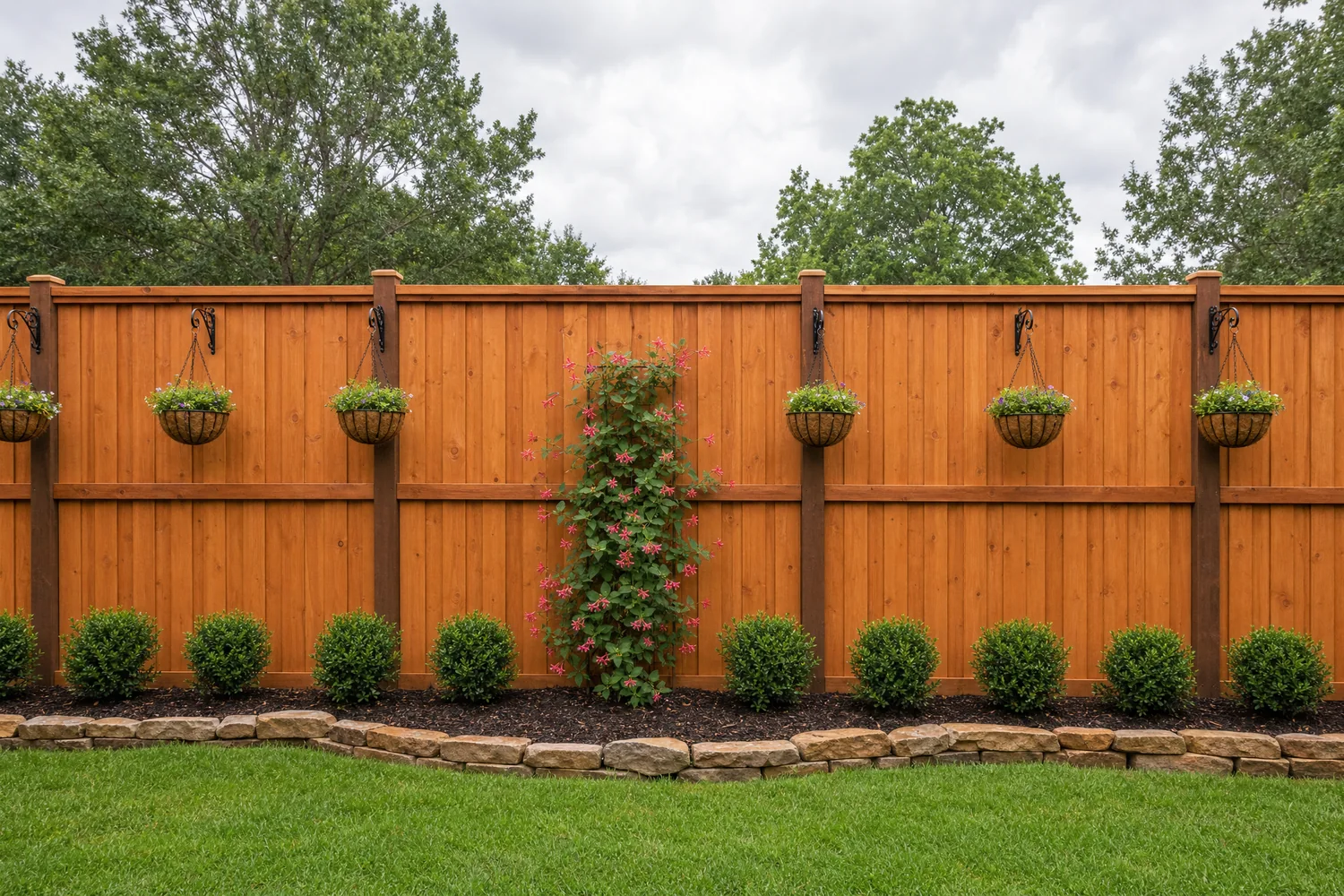 Cedar privacy fence with black wrought-iron hanging basket planters and landscaped flower bed with stone edging in a Houston, TX backyard