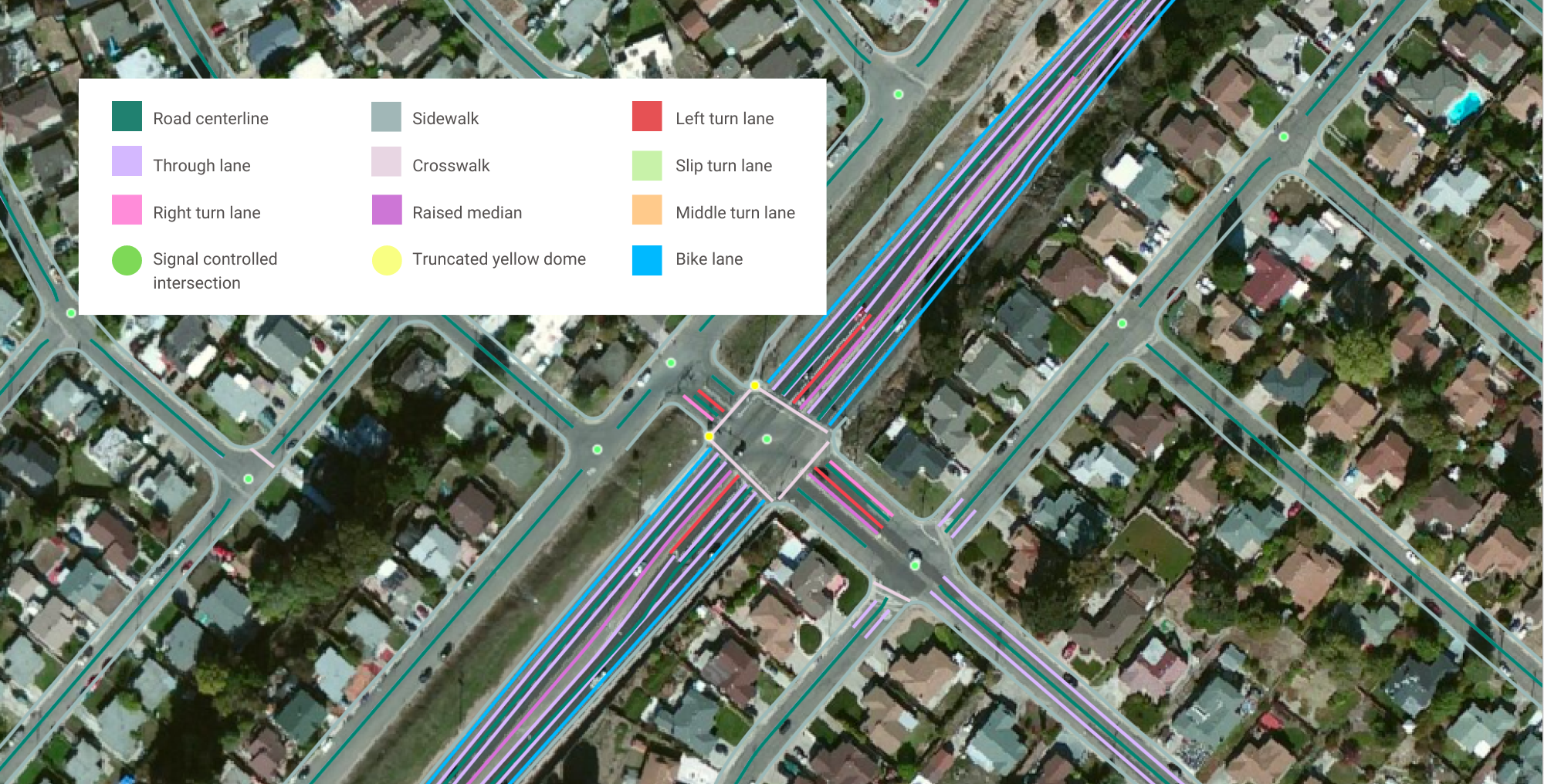 A sample of transportation map features for Vision Zero planning in Contra Costa County, California