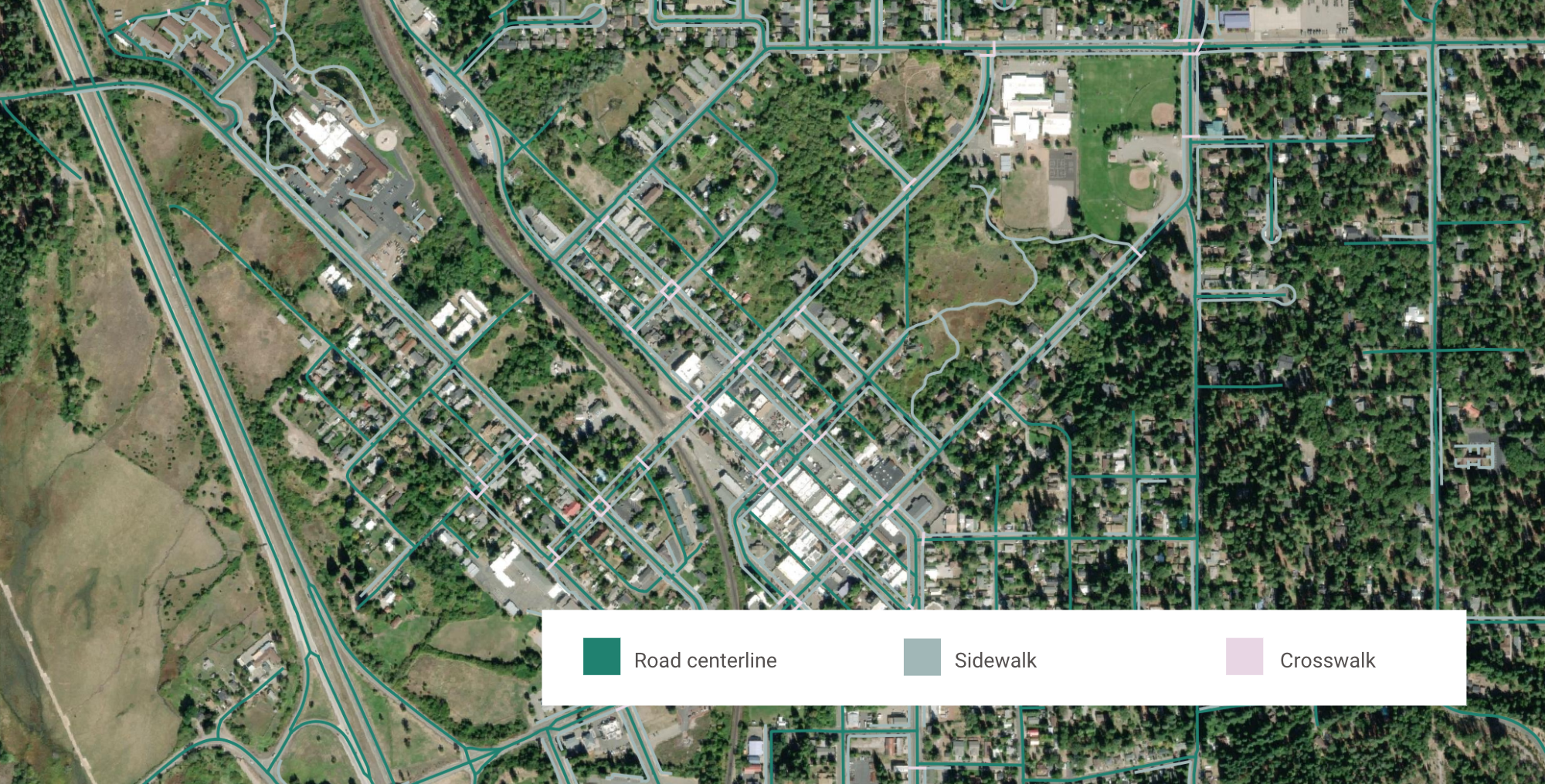 A sample of data created by Ecopia AI and Alta Planning + Design for active transportation planning in Shasta County, California