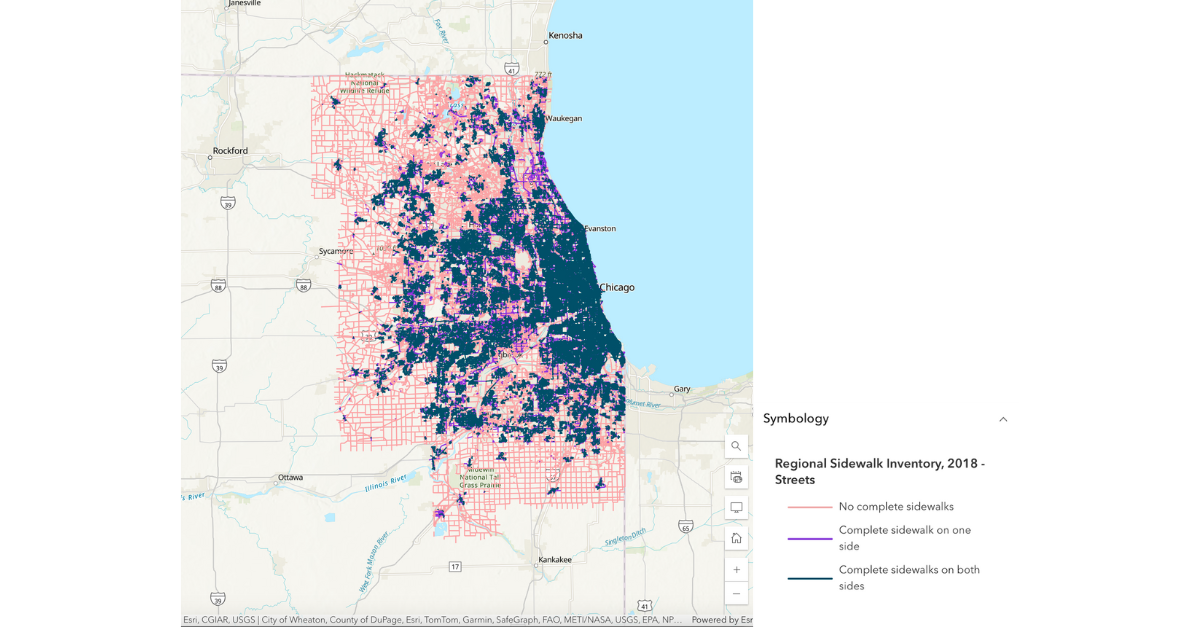 An image depicting the sidewalk inventory across the Chicago region. This highlights areas in need of urgent improvements, especially in densely populated zones with high pedestrian traffic.