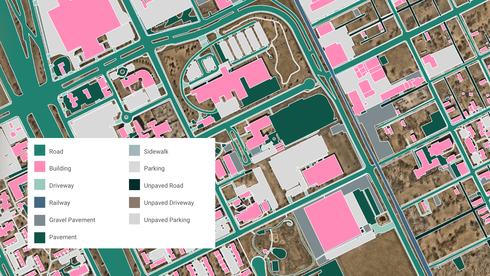 A sample of impervious surface features digitized by Ecopia for SUF optimization.
