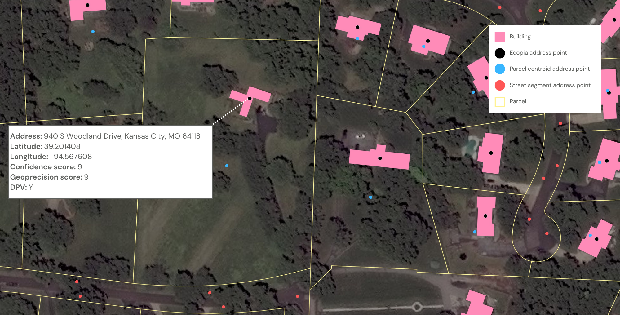 An example of Ecopia Building-Based Geocoding compared to parcel centroid and street-based methodologies.