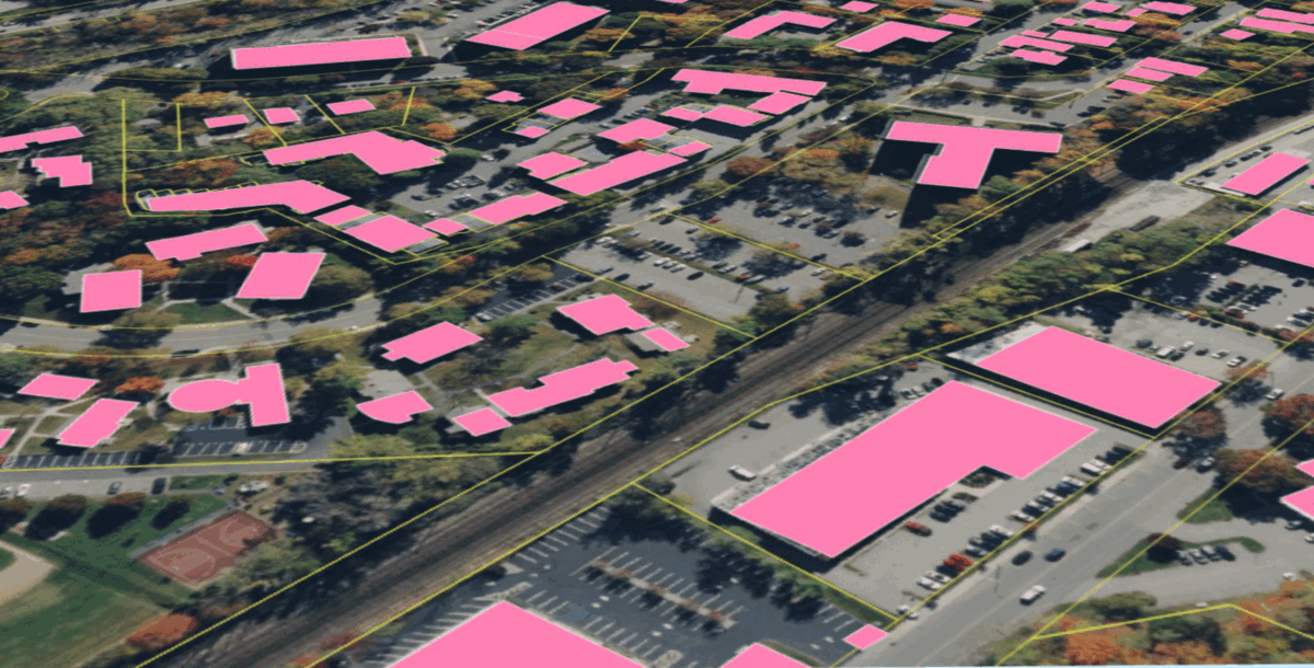 An example of 2D and 3D building data that Ecopia derived from high-resolution imagery in Westchester County, New York. Building data may take either form depending on the use case.