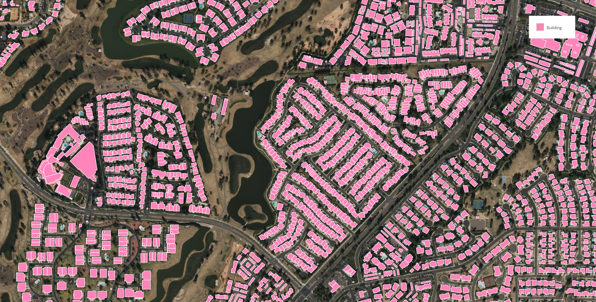 A sample of building footprints extracted by Ecopia’s AI-based mapping systems in Phoenix, Arizona.