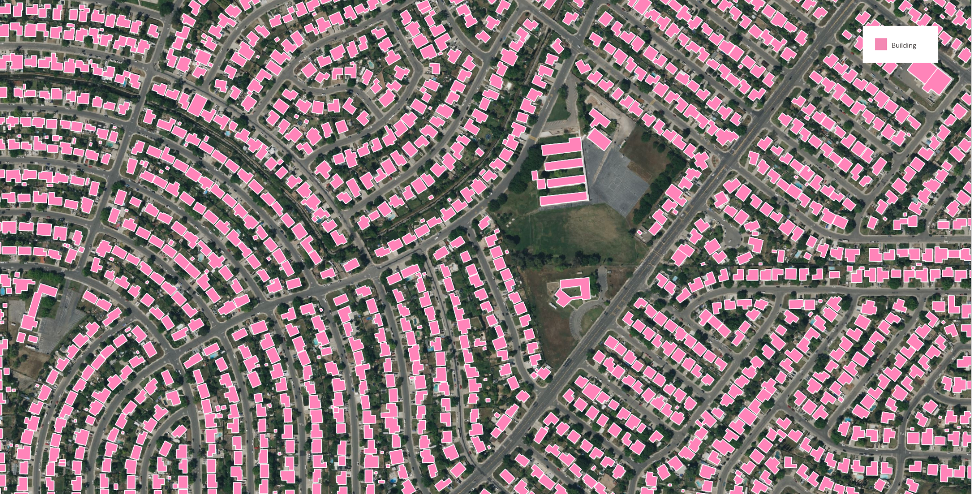 A sample of building footprints extracted by Ecopia AI in Sacramento, CA.
