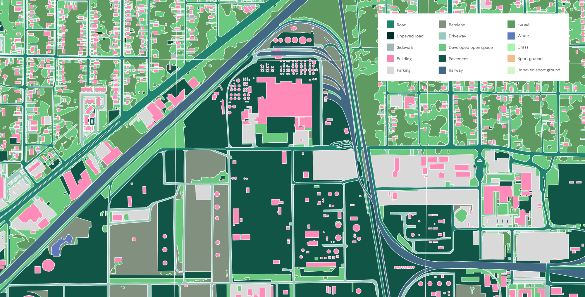 A sample of the advanced land cover features extracted by Ecopia in Houston, Texas for the Texas Water Development Board, used by Ecopia for an in-depth climate resilience analysis.