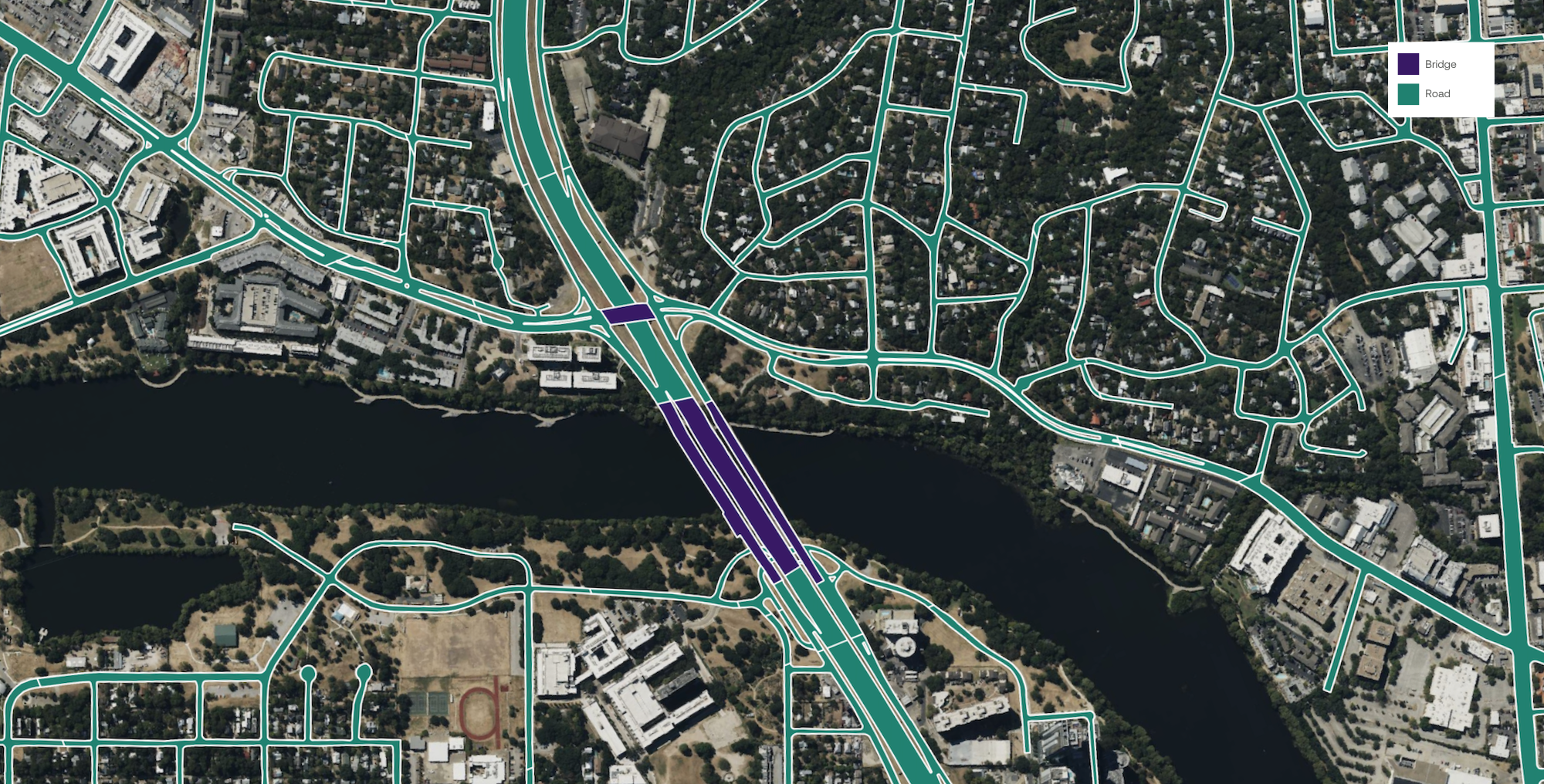 A sample of the detailed features extracted by Ecopia AI in Austin, Texas for TxDOT.