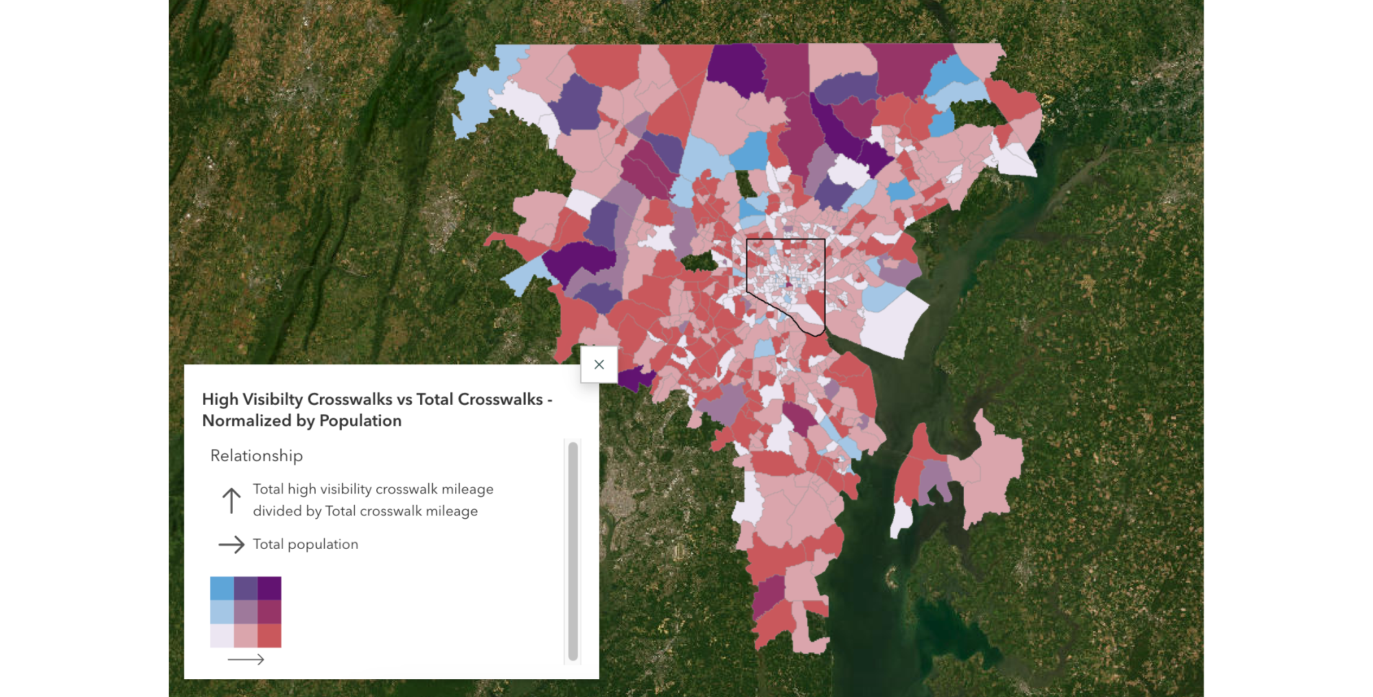 An example of how demographic data can be layered with crosswalk visibility data to highlight mobility and safety gaps.
