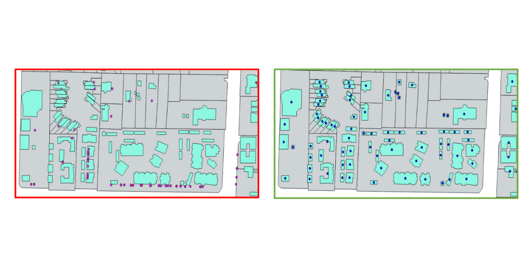 Traditional address geocoding (left) vs Ecopia’s Building-Based Geocoding (right); underwriters relying on traditional geocoding methods risk under- or overpricing policies with inaccurate representations of building locations