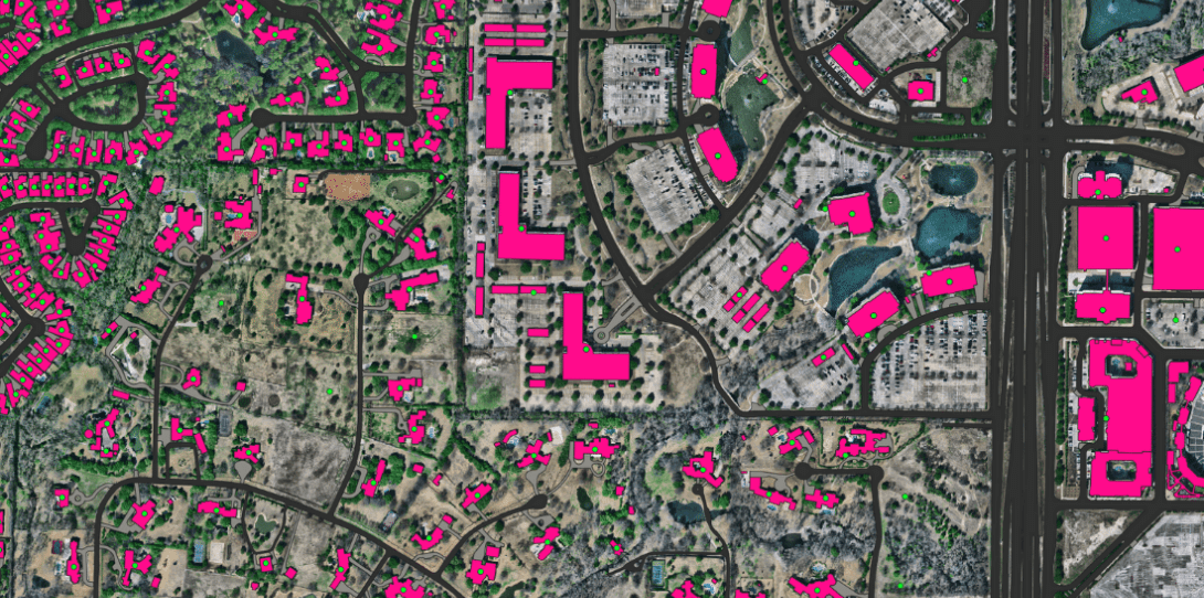 Sample of Ecopia HD Map over Frisco, TX highlighting Building-Based Geocoding, Roads and Driveways