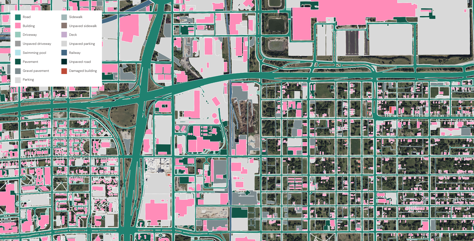 A sample of the high-precision land cover data extracted by Ecopia AI in Detroit, Michigan.