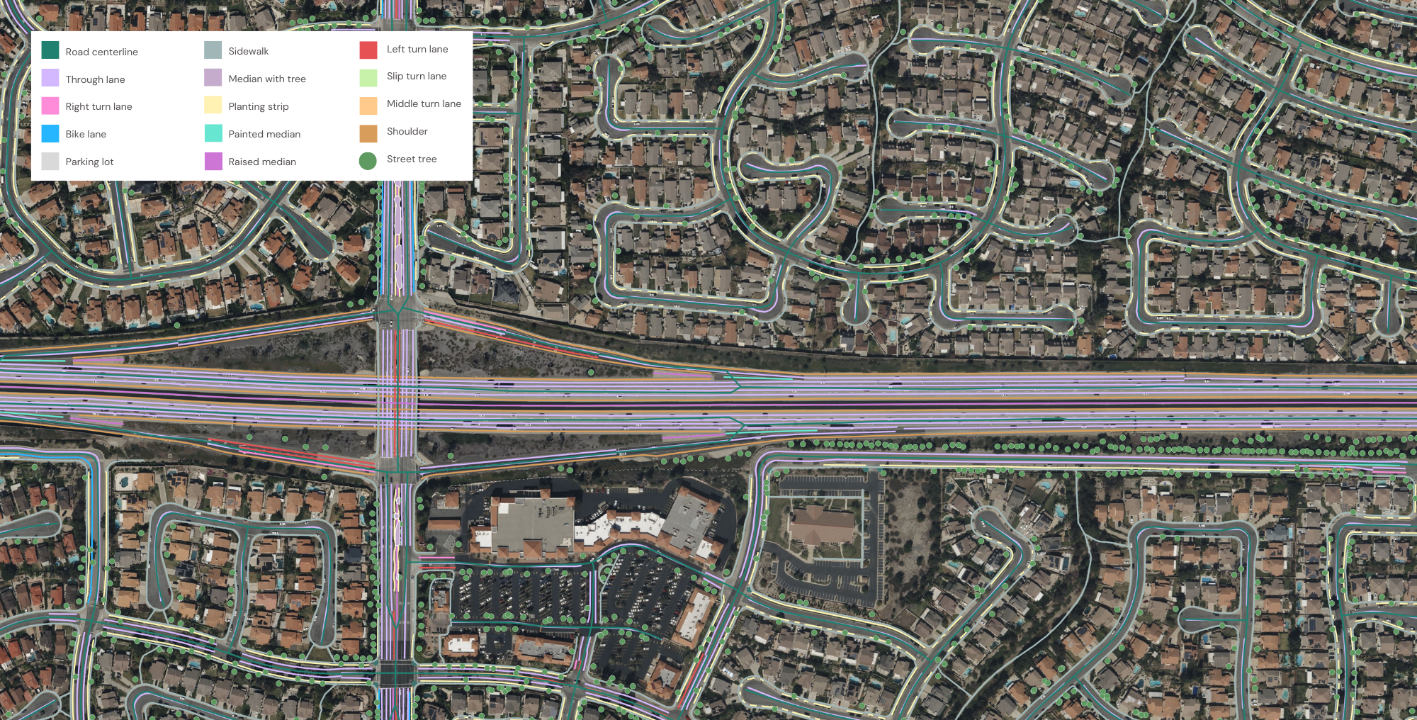 A sample of the advanced transportation features extracted by Ecopia AI in San Bernardino, California.