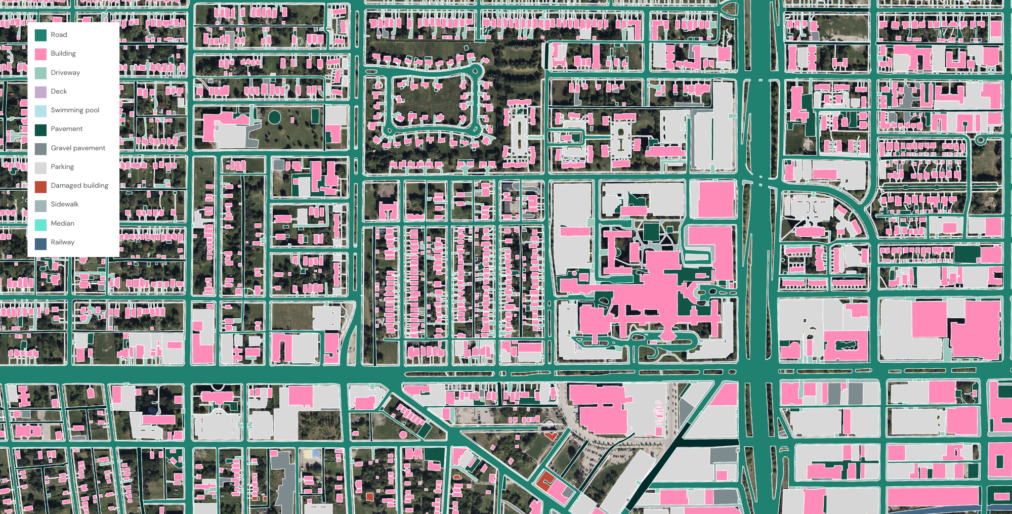 A sample of the impervious surface data, including building footprints, produced by Ecopia AI for the City of Detroit.