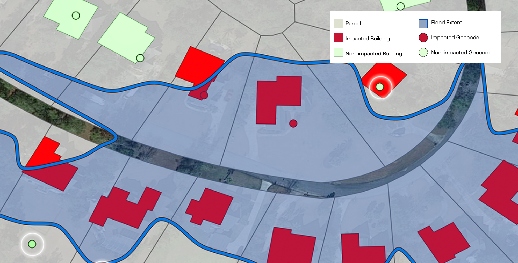When carriers rely on parcel based geocoding, as in this example, they can miscalculate risk and event impact by failing to factor in the specific structures they are insuring.
