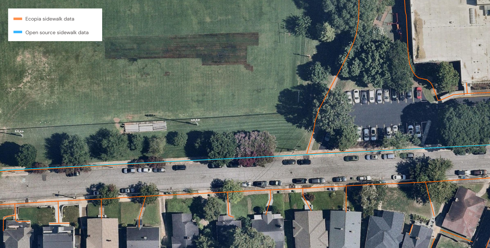 False negatives are a sign of low recall; this example shows false negatives for sidewalks in Atlanta, Georgia.