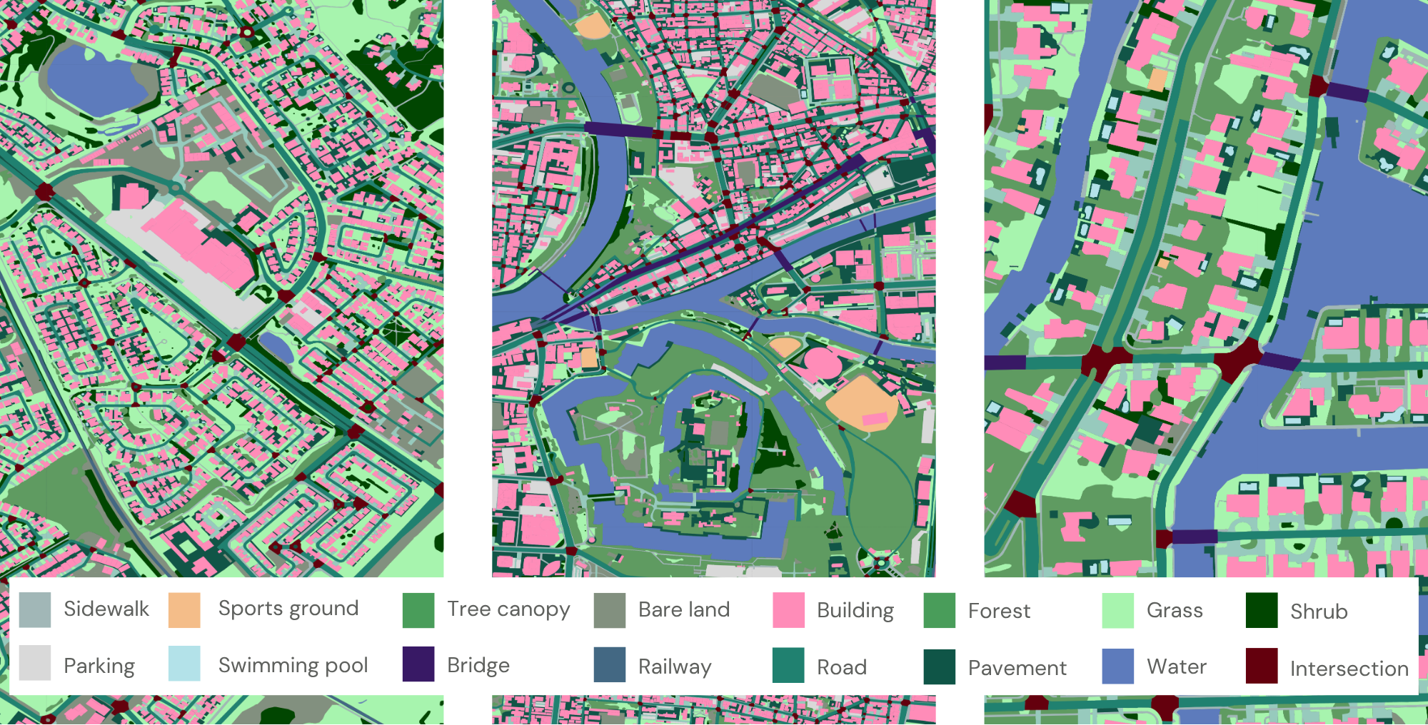Ecopia’s standardized data schema ensures features are mapped consistently across global geographies; from left to right: Nomzamo, South Africa - Osaka, Japan - Ft. Lauderdale, Florida.