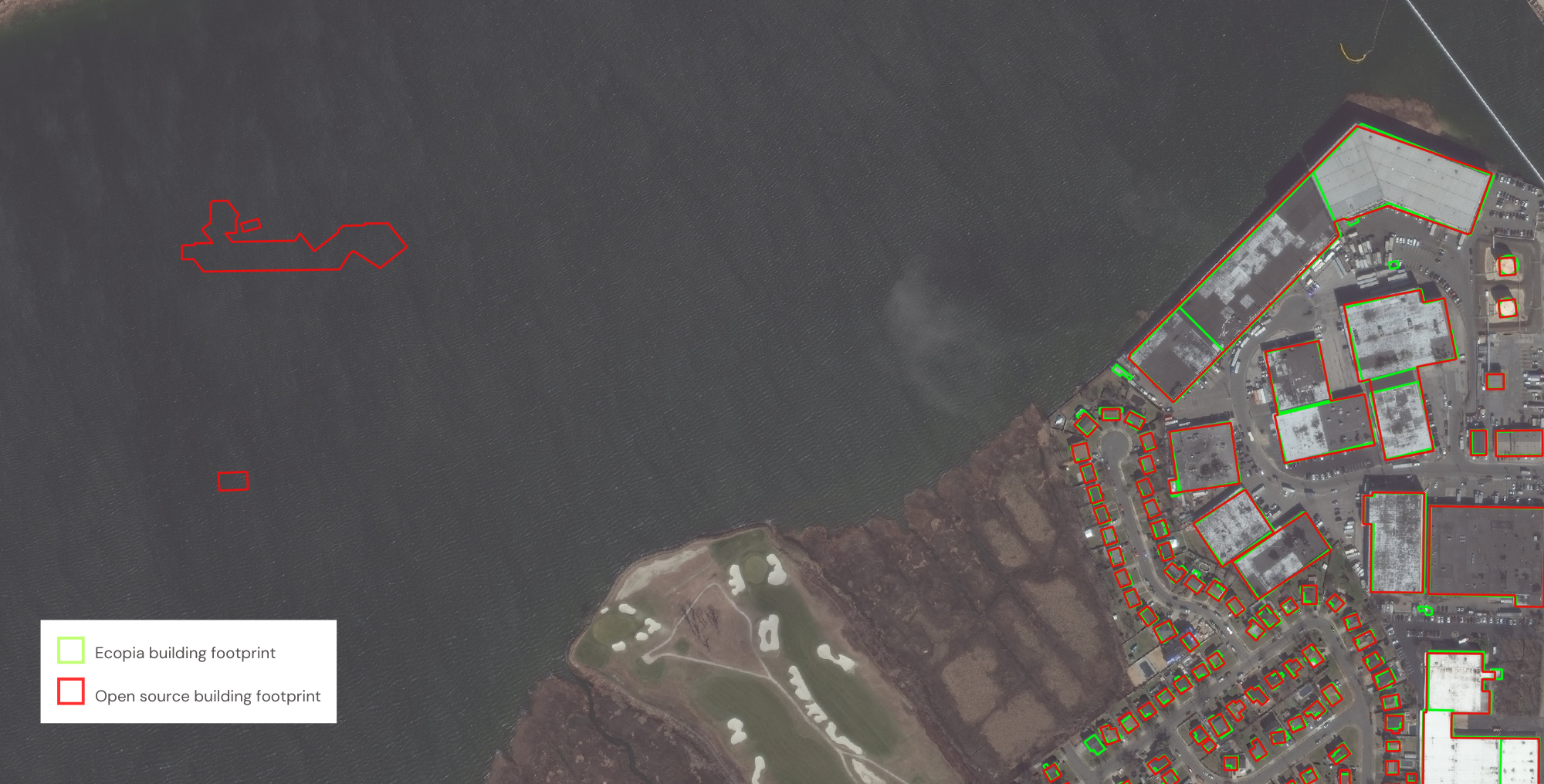 False positives indicate lower precision feature extraction and data creation; this example shows false positive building footprints in Inwood, New York.