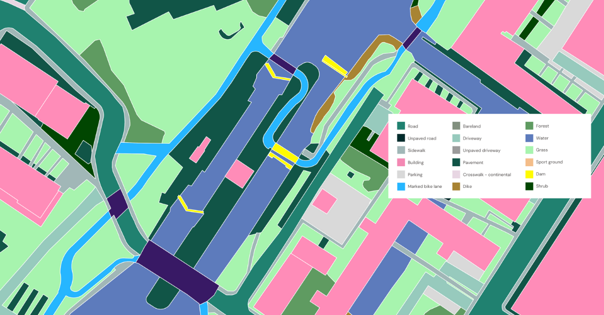 A sample of land cover data, including dams, extracted by Ecopia AI for the Government of Canada in Montreal.