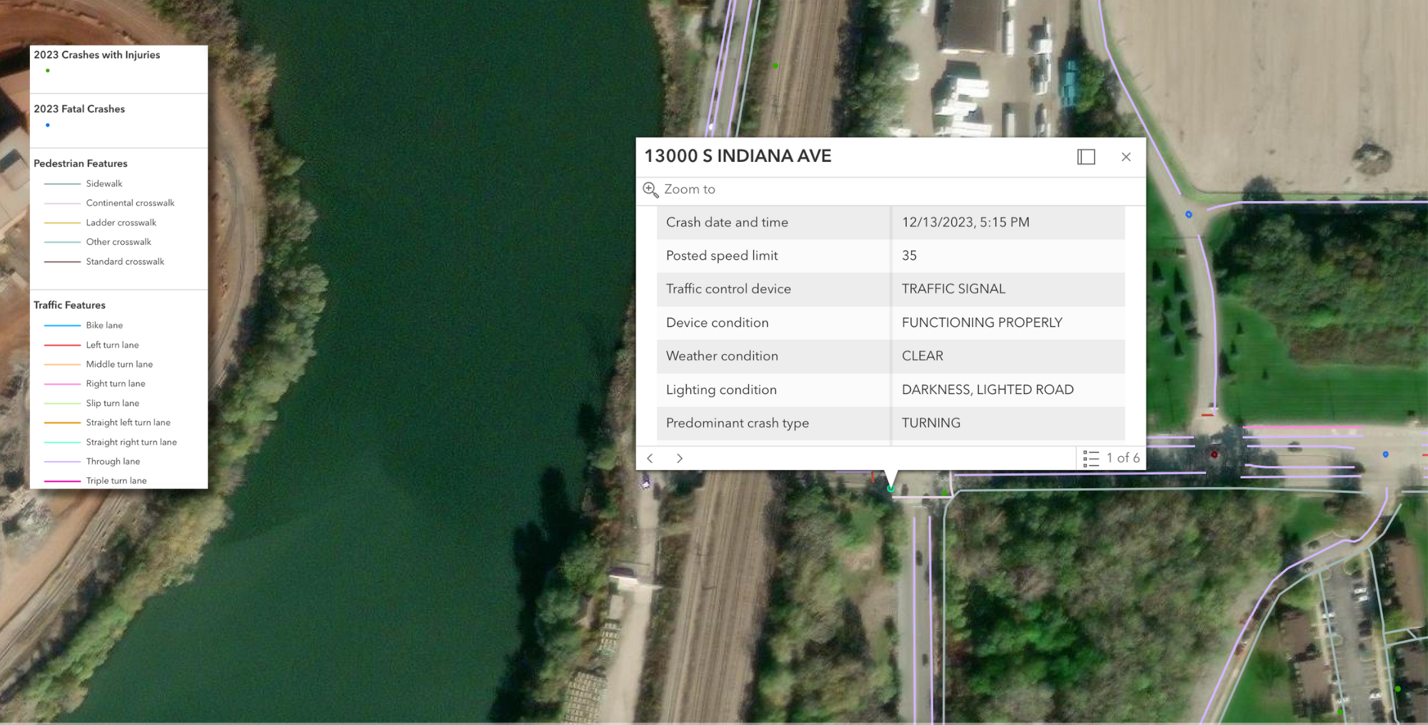 A sample of Advanced Transportation Features extracted in Chicago, Illinois overlaid with historical crash data to allow for thorough traffic safety analytics.