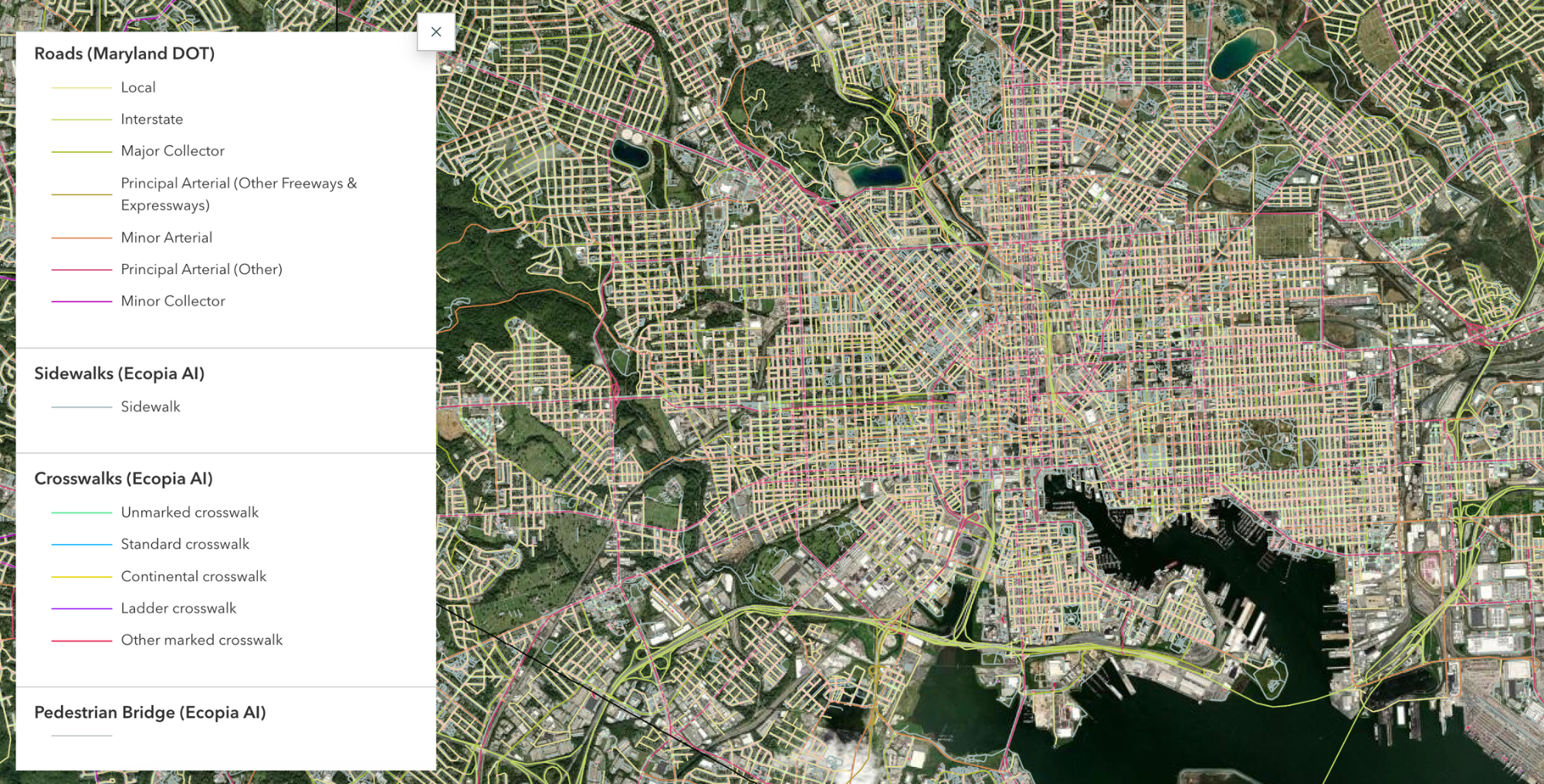 A sample of high-precision pedestrian transportation vector layers digitized by Ecopia AI.