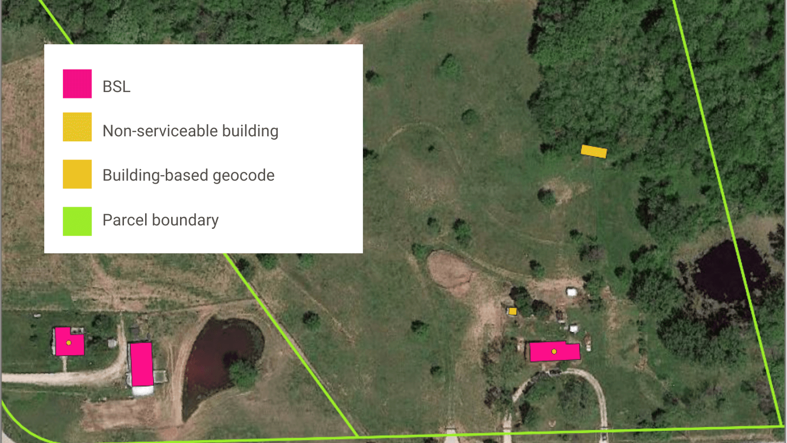 Ecopia AI’s building footprint and building-based geocodes in relation to parcel boundaries for telecommunication network planning