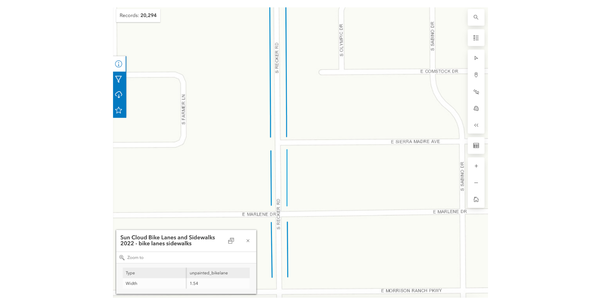 A visualization of the Arizona Sun Cloud, highlighting bike lane and sidewalk segments with width attribution.