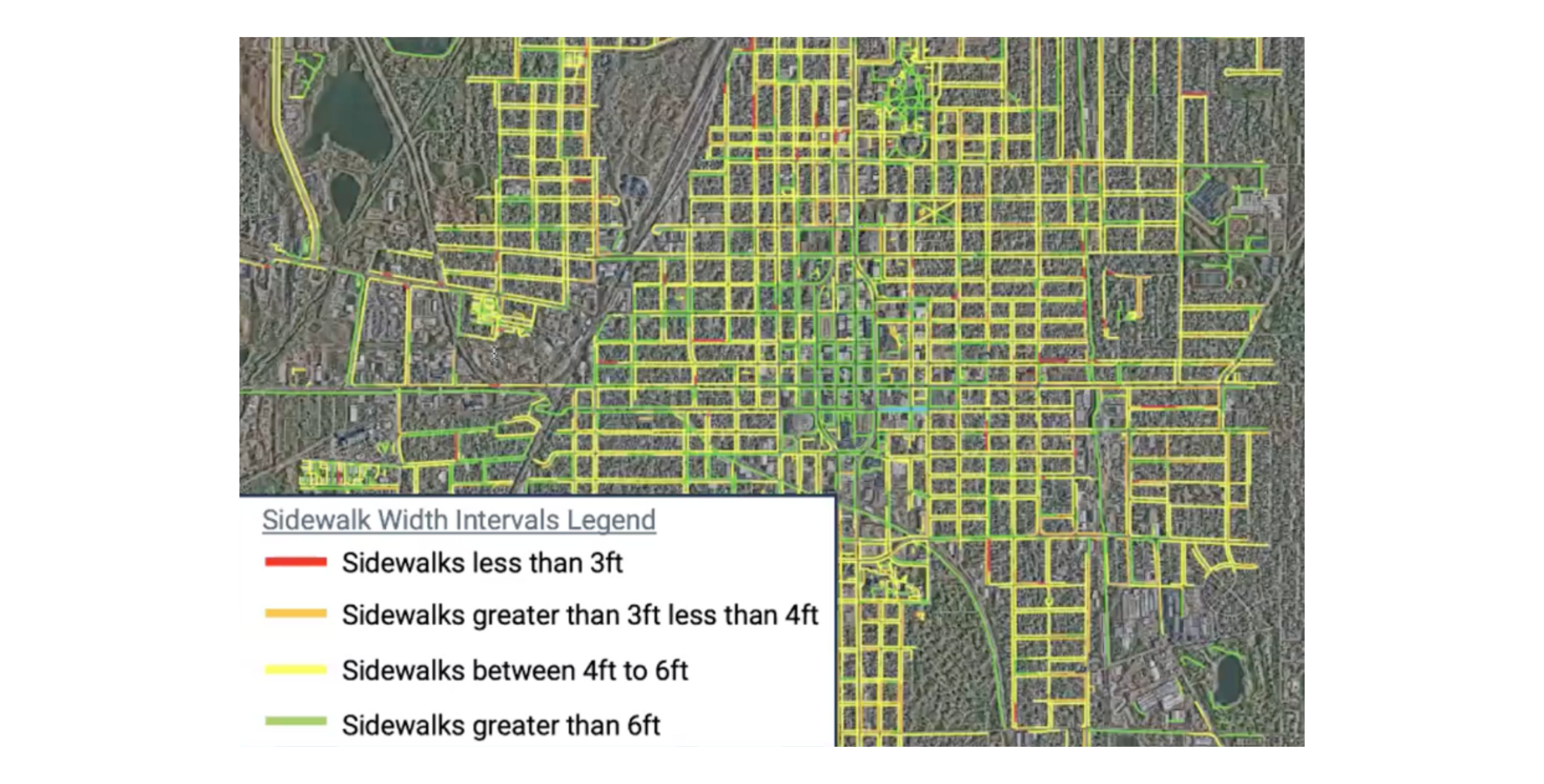 A sample of Ecopia’s sidewalks, categorized by width, in San Bernardino, California.