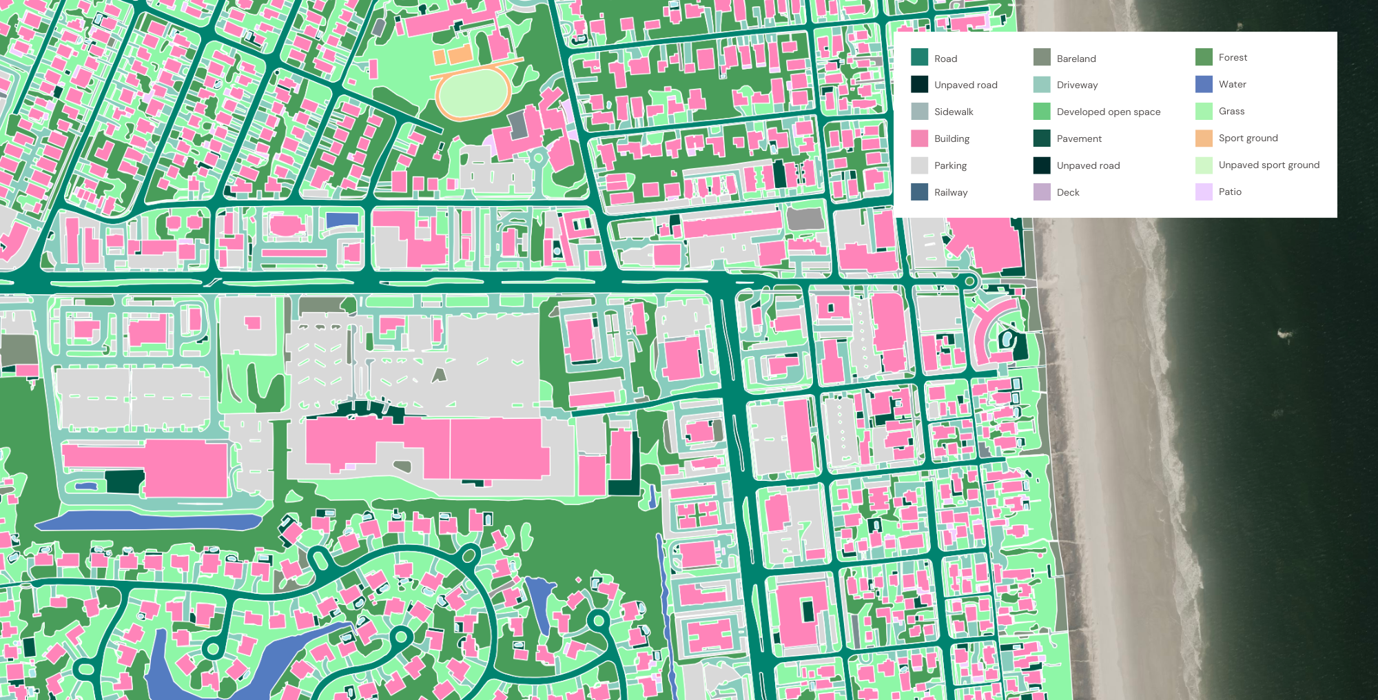 A sample of the land cover features digitized by Ecopia AI in Duval County, Florida.
