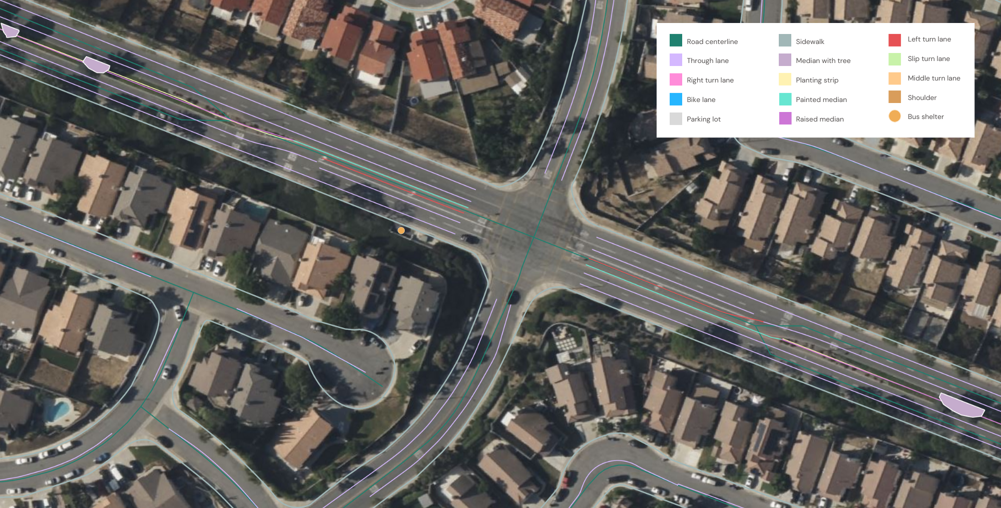 A sample of transportation features extracted by Ecopia AI in San Bernardino, California to support multimodal transportation planning.