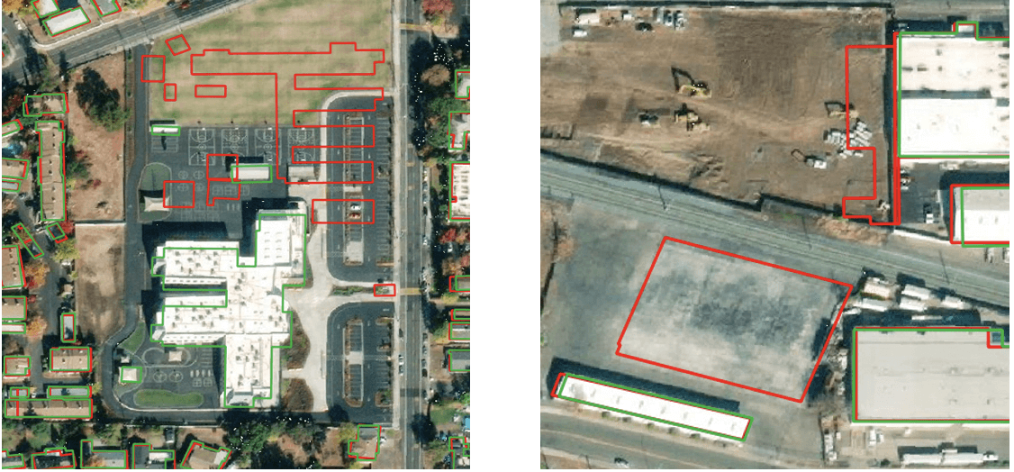 Figure 4. Examples comparing Ecopia’s building footprints (green) to out-of-date building footprints (red) from a third-party provider that leverages outdated openly available imagery
