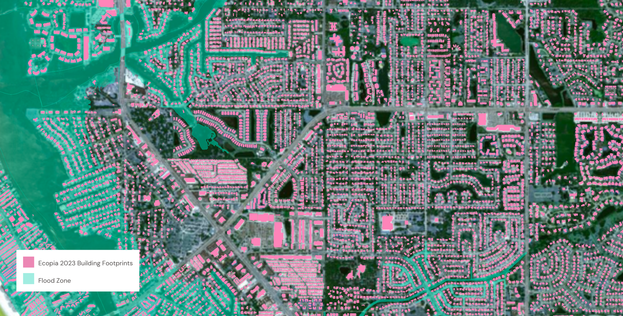 A sample of Ecopia’s Building-Based Geocoding in Sarasota County, Florida layered with FEMA flood zone data.
