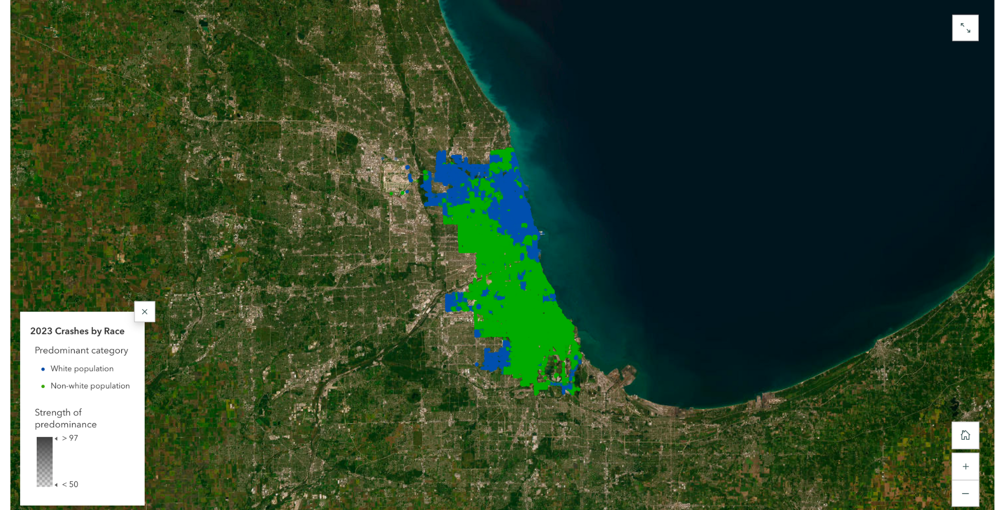 A sample map illustrating how 2023 crashes in the Chicago region by race.