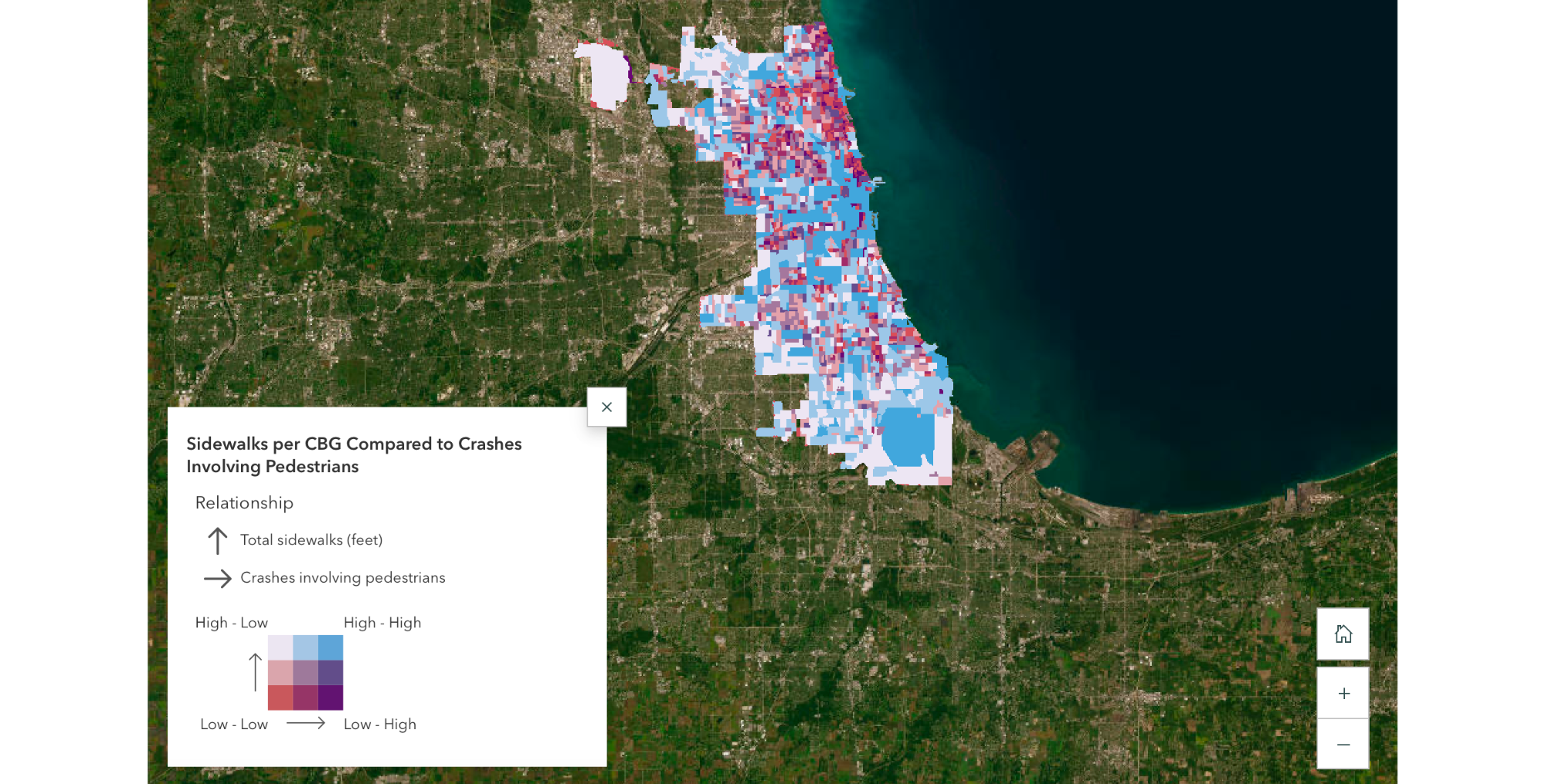 A sample map examining how sidewalk availability varies by census block group in Chicago.