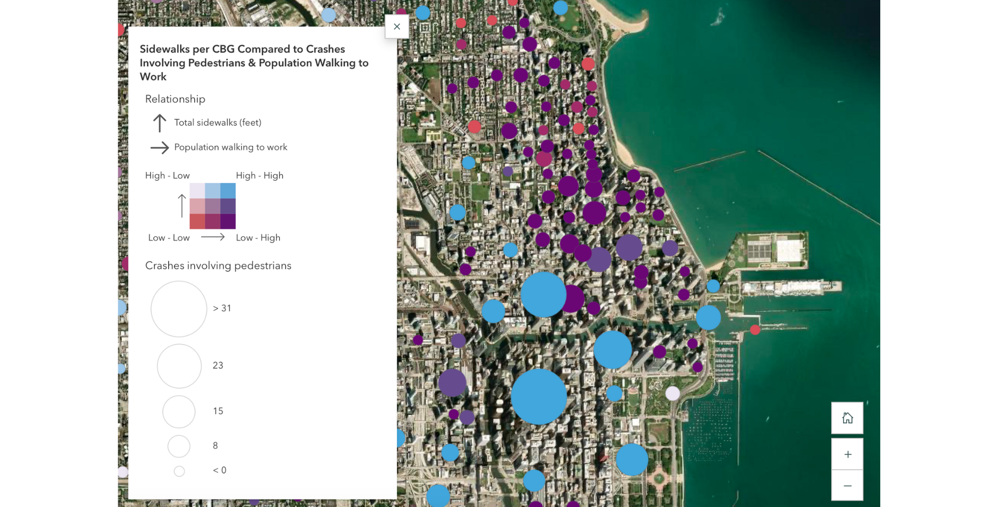 A sample map comparing sidewalks per census block group to crashes involving pedestrians and populations walking to work.