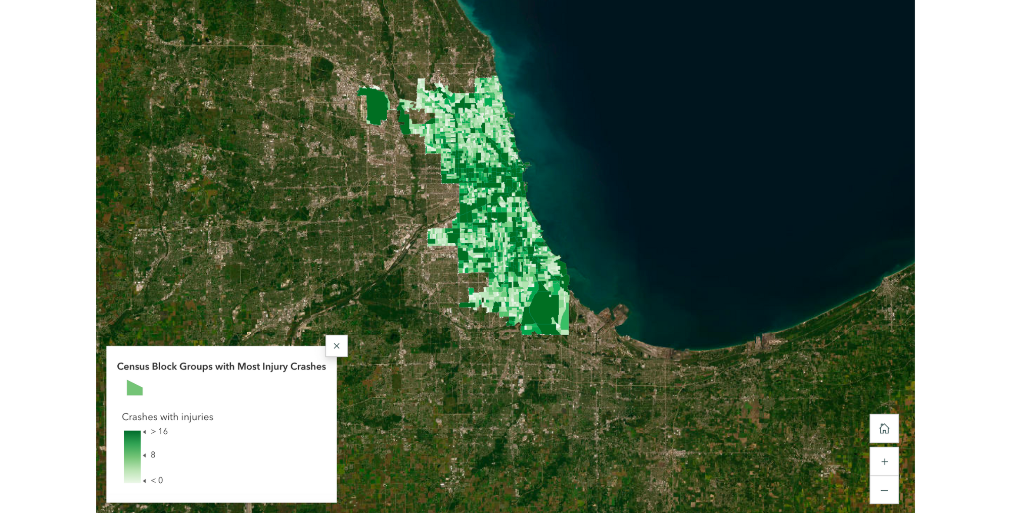 A sample map illustrating 2023 crashes involving injuries by census block group in the Chicago region.