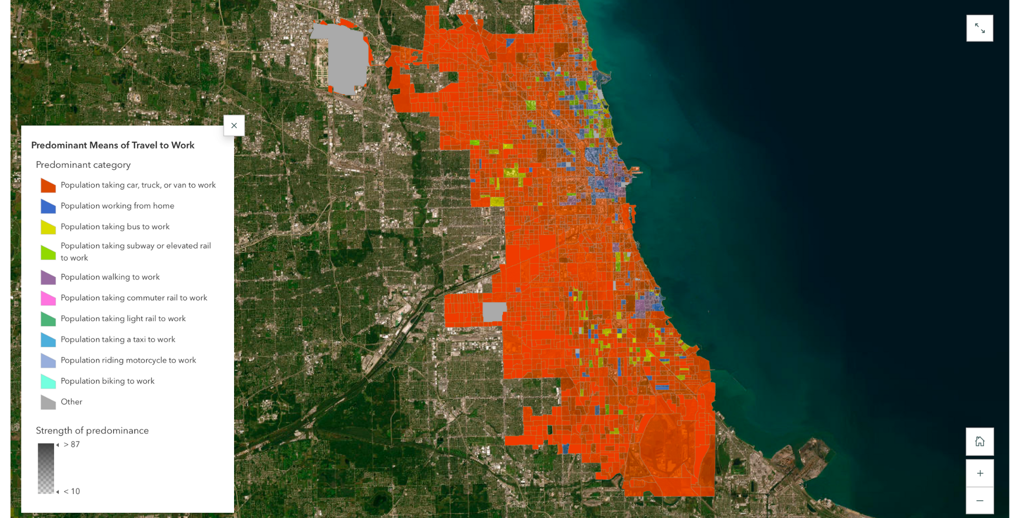A sample map illustrating how commuting behavior varies by location in the Chicago region.