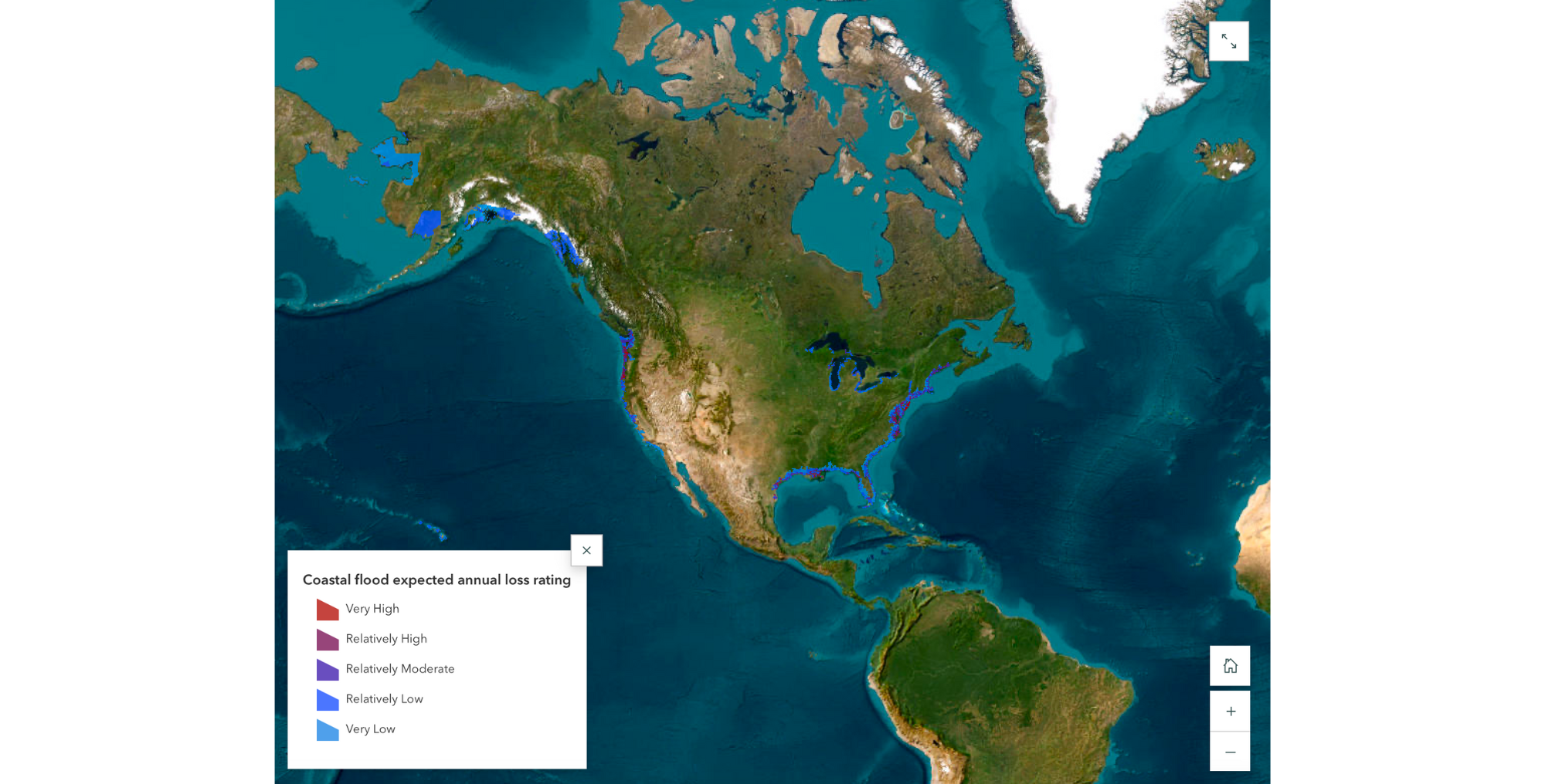 A sample of Ecopia’s map which analyzes how coastal flood risk and expected annual loss ratings vary across the US.