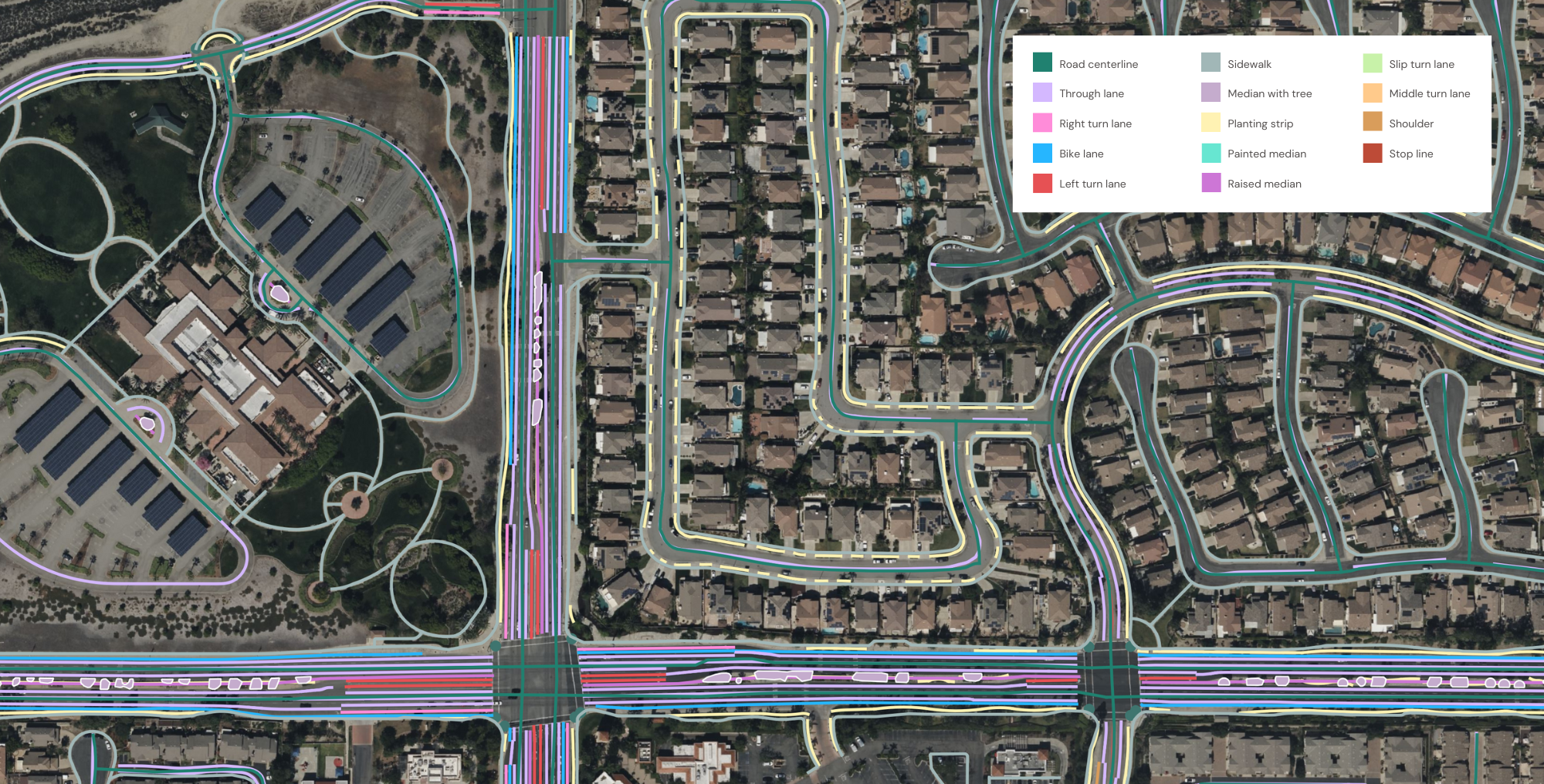A sample of advanced transportation features Ecopia AI extracted in San Bernardino, California to support multimodal transportation planning.