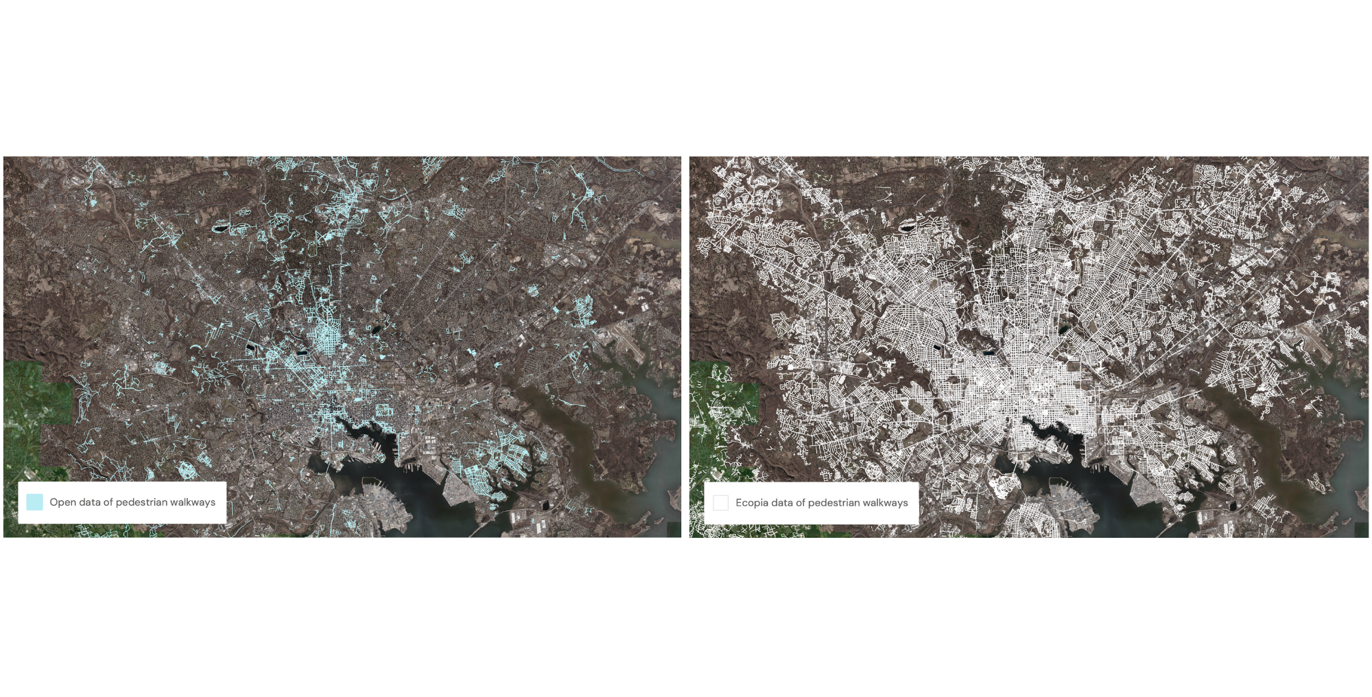 The image on the left displays the fragmented sidewalk data the team was initially working with, while the image on the right showcases Ecopia’s comprehensive dataset, reflecting a tenfold increase in information.