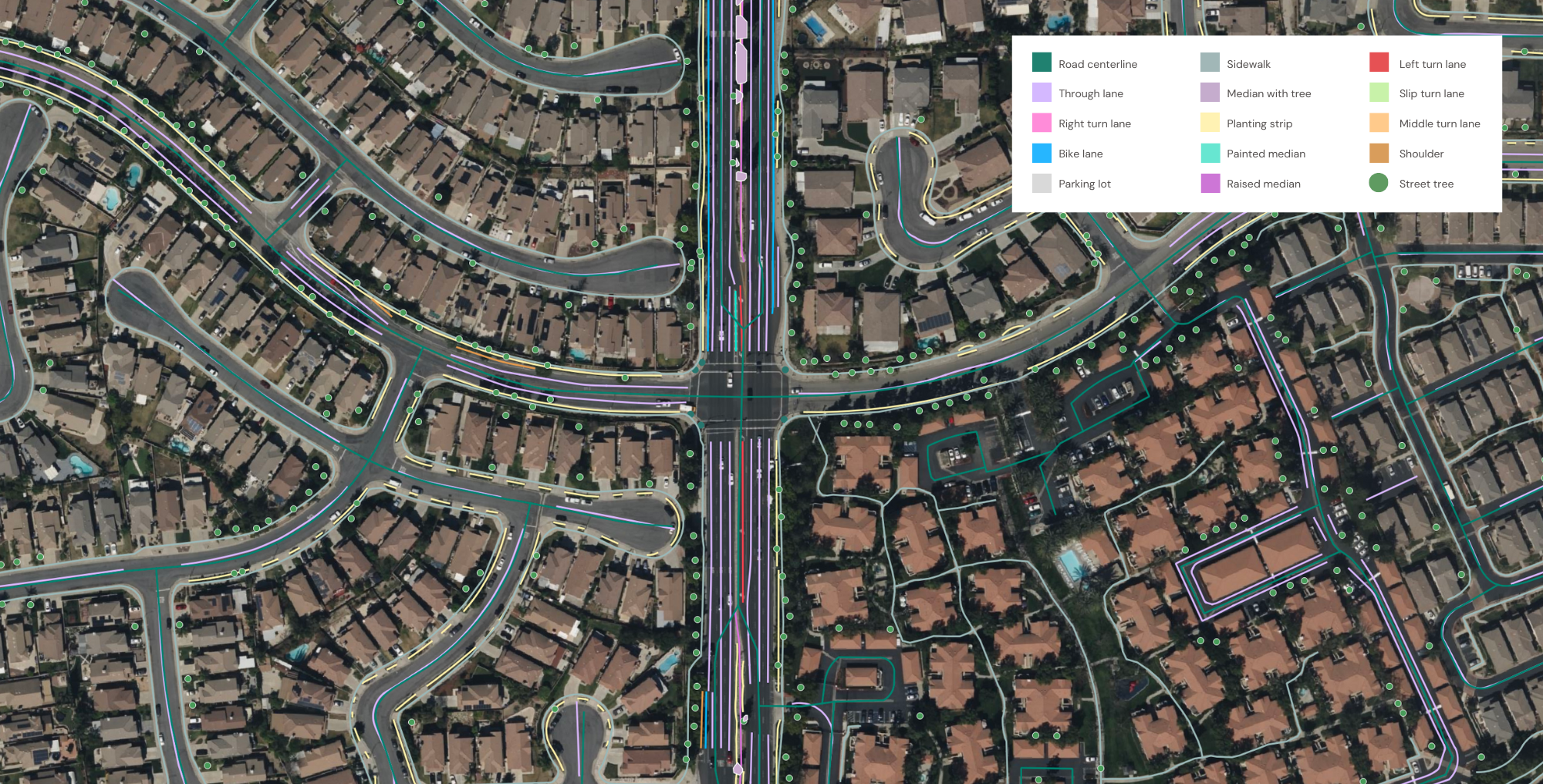 A sample of advanced transportation features extracted by Ecopia AI in San Bernardino, California. Analyzing street tree data alongside sidewalk and bike lane data can help identify potential obstructions and improve safety.