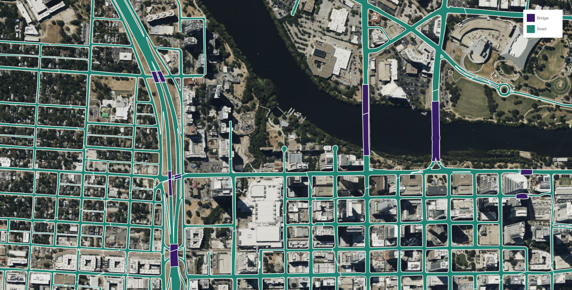 A sample of road and bridge data extracted by Ecopia AI in Austin, Texas.