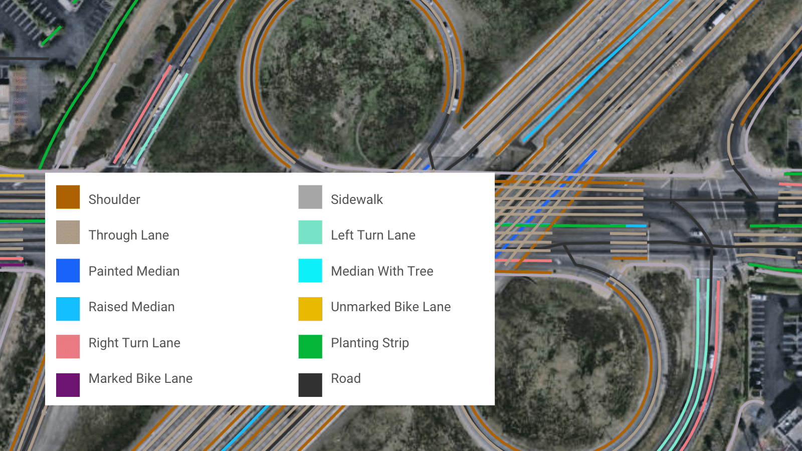 A sample of advanced transportation features, including marked and unmarked bike lanes, mapped by Ecopia in San Bernardino County, California